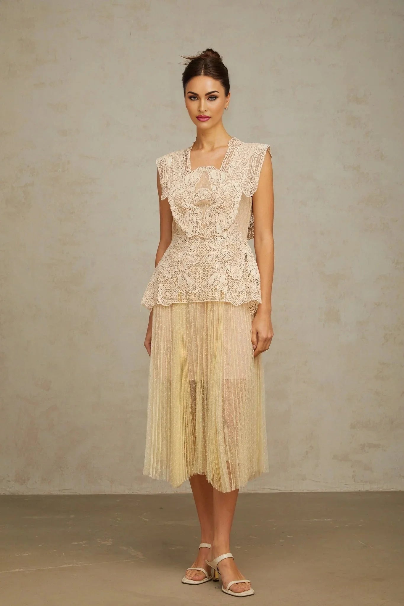 Maria Midi Dress Floral - Lace Paneling Peplum Waist Tulle Neutrals