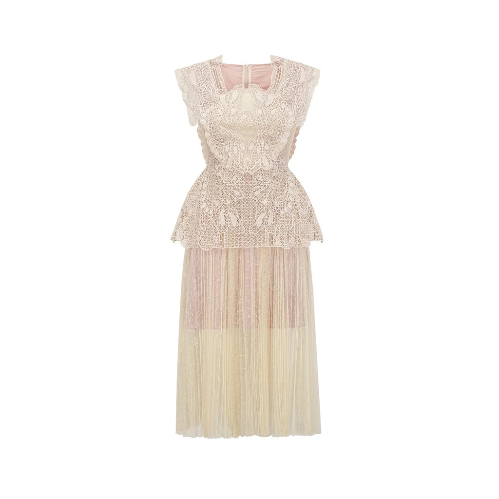 Maria Midi Dress Floral - Lace Paneling Peplum Waist Tulle Neutrals