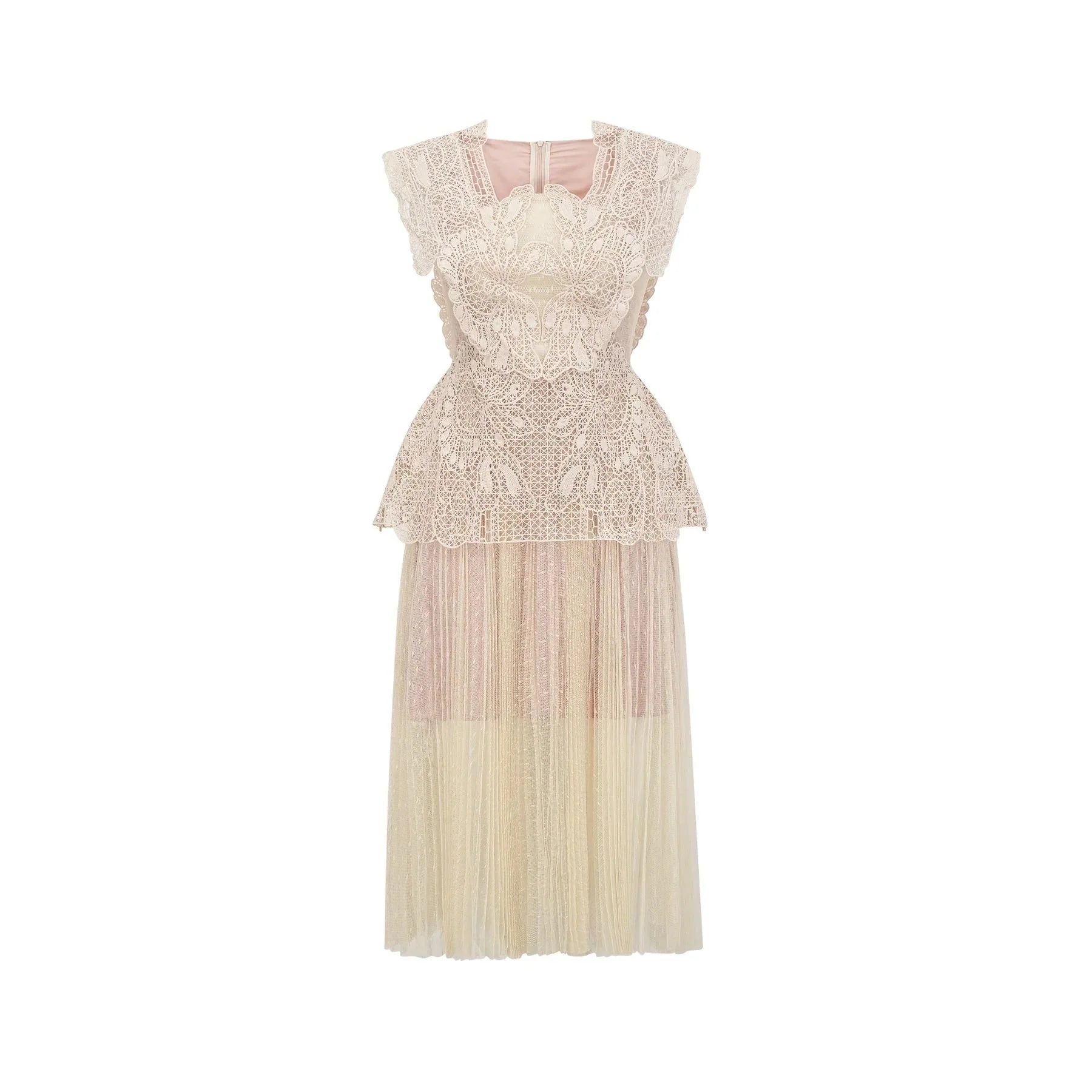Maria Midi Dress Floral - Lace Paneling Peplum Waist Tulle Neutrals