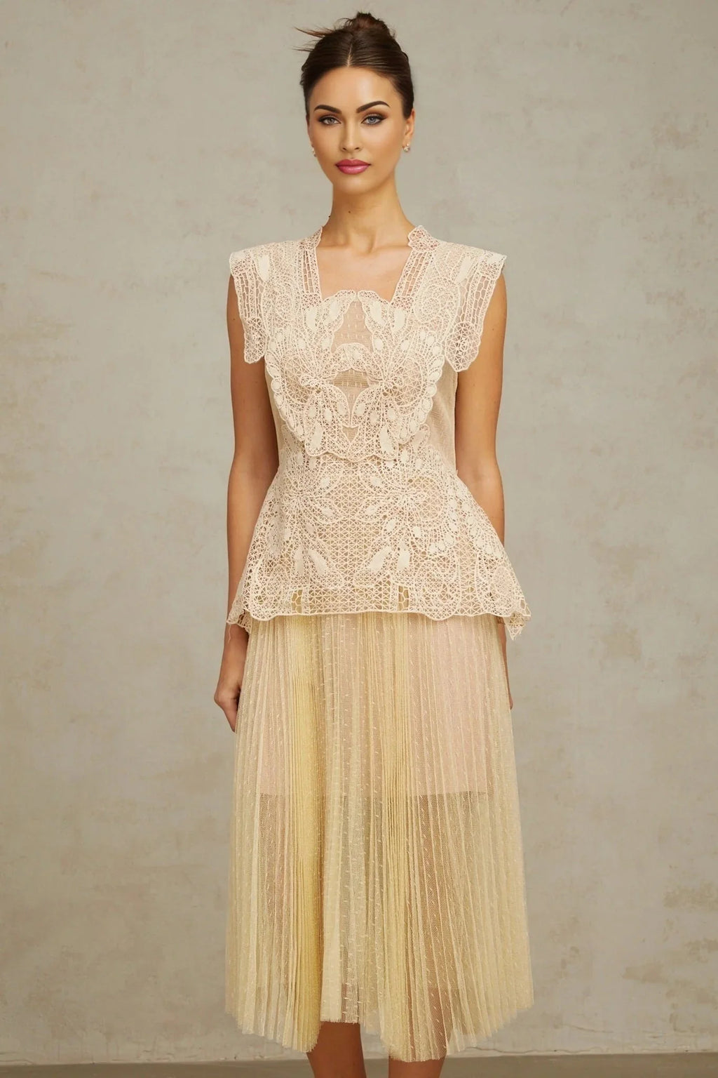Maria Midi Dress Floral - Lace Paneling Peplum Waist Tulle Neutrals
