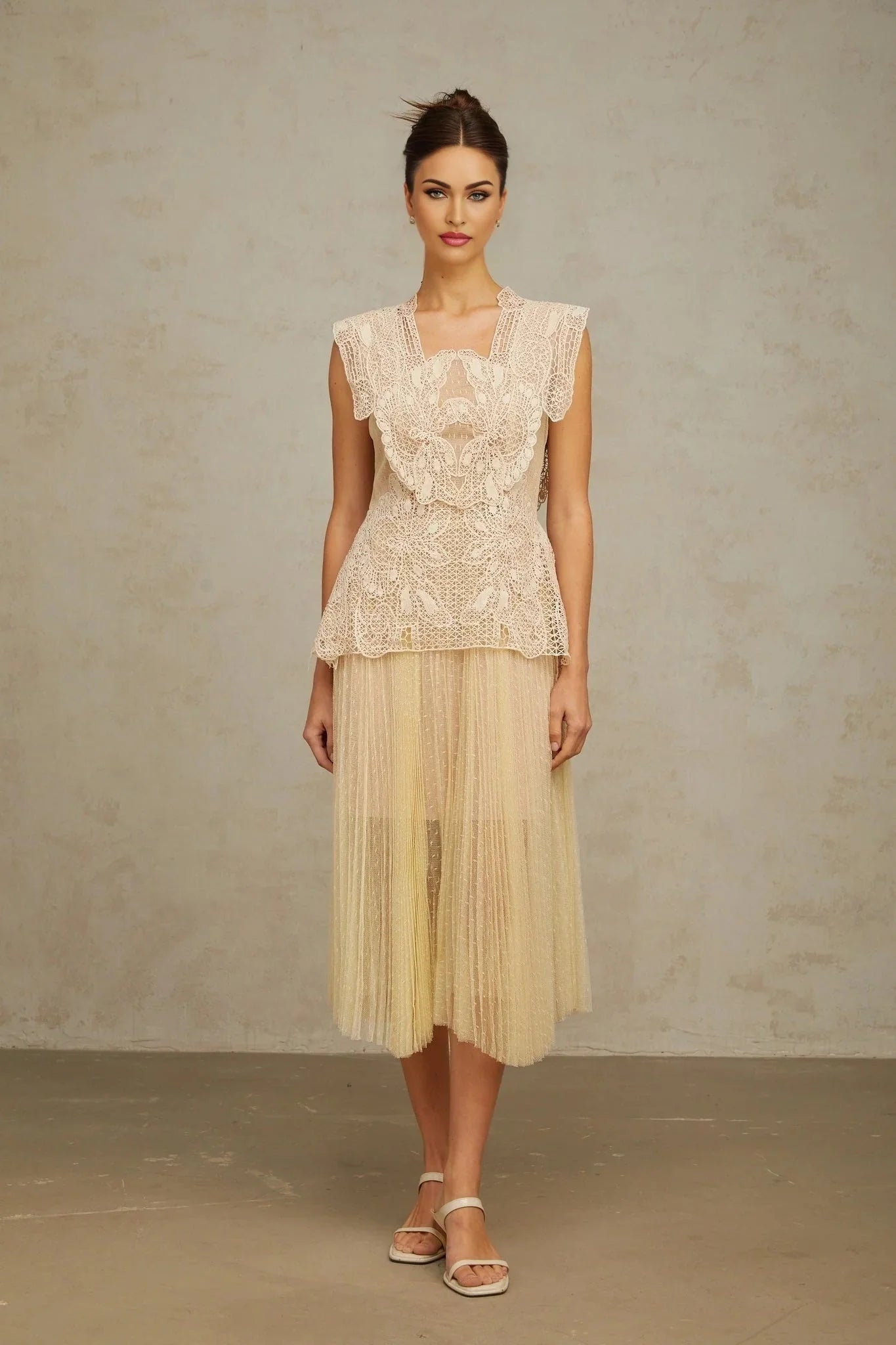 Maria Midi Dress Floral - Lace Paneling Peplum Waist Tulle Neutrals