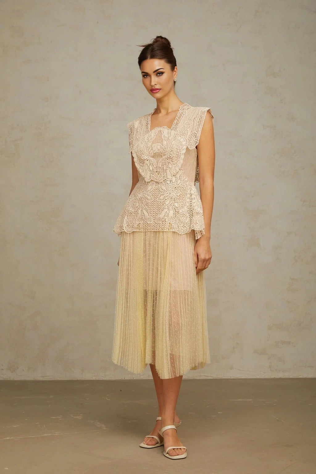 Maria Midi Dress Floral - Lace Paneling Peplum Waist Tulle Neutrals