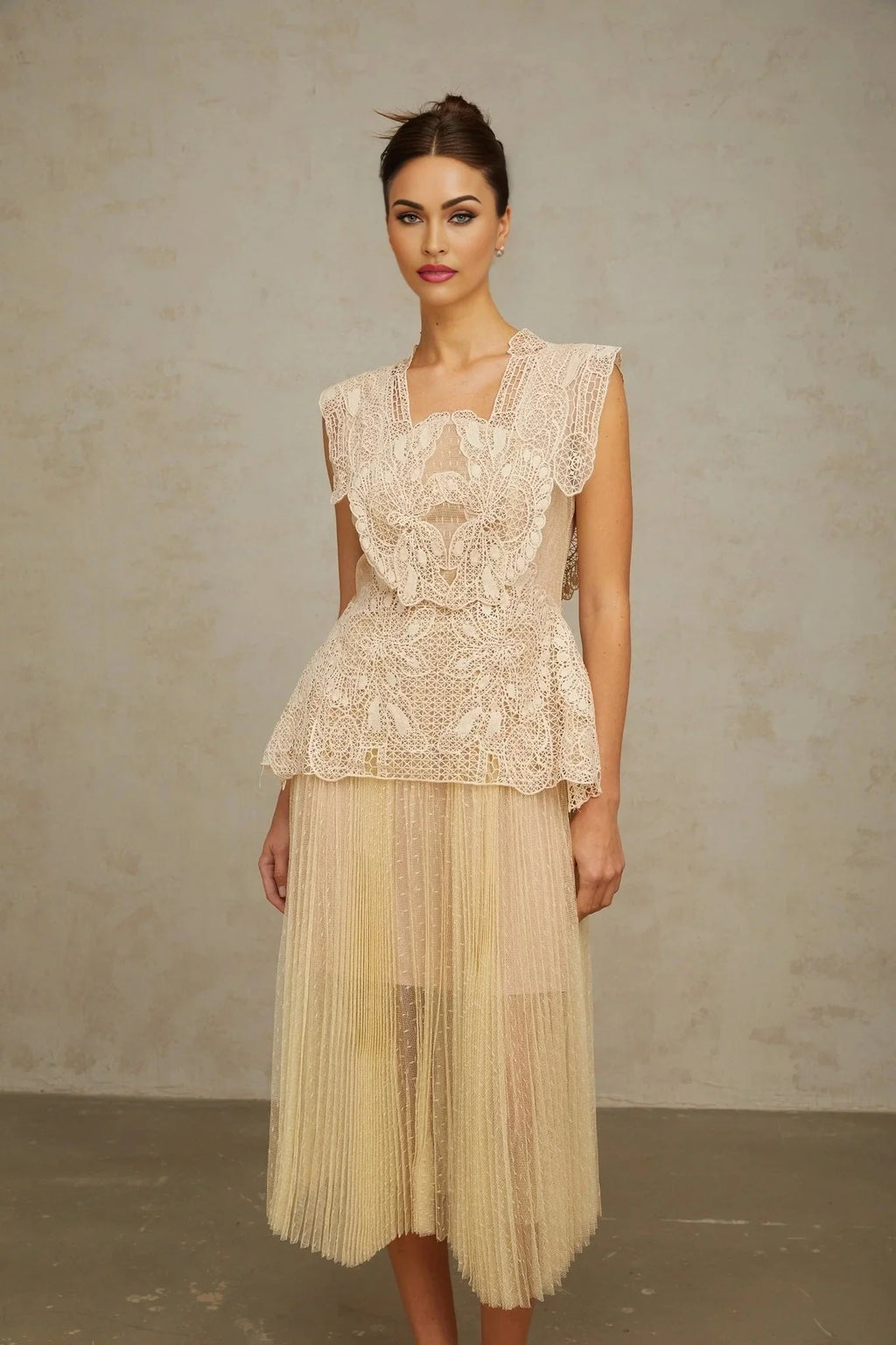 Maria Midi Dress Floral - Lace Paneling Peplum Waist Tulle Neutrals