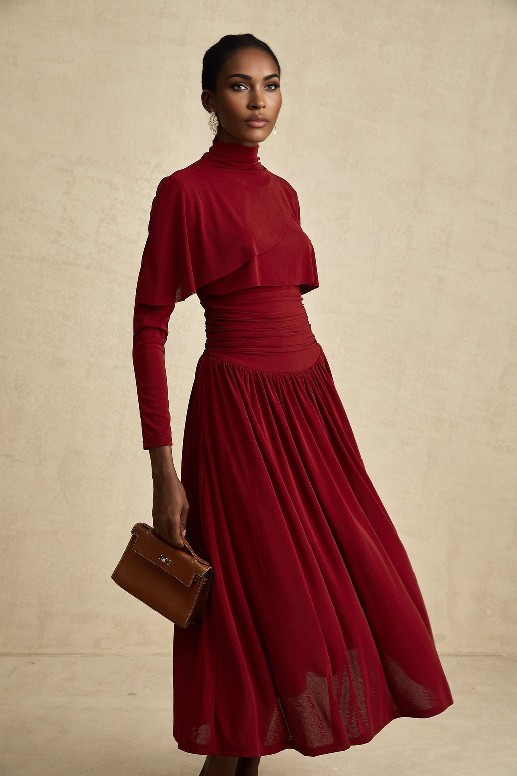 Maria Midi Dress - Vibrant Red with Flap Design & Long Sleeves