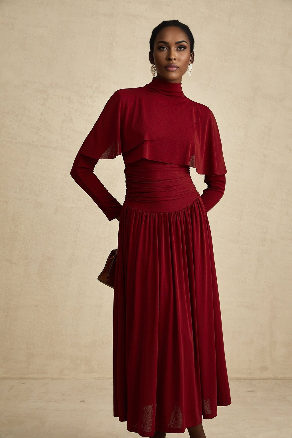 Maria Midi Dress - Vibrant Red with Flap Design & Long Sleeves