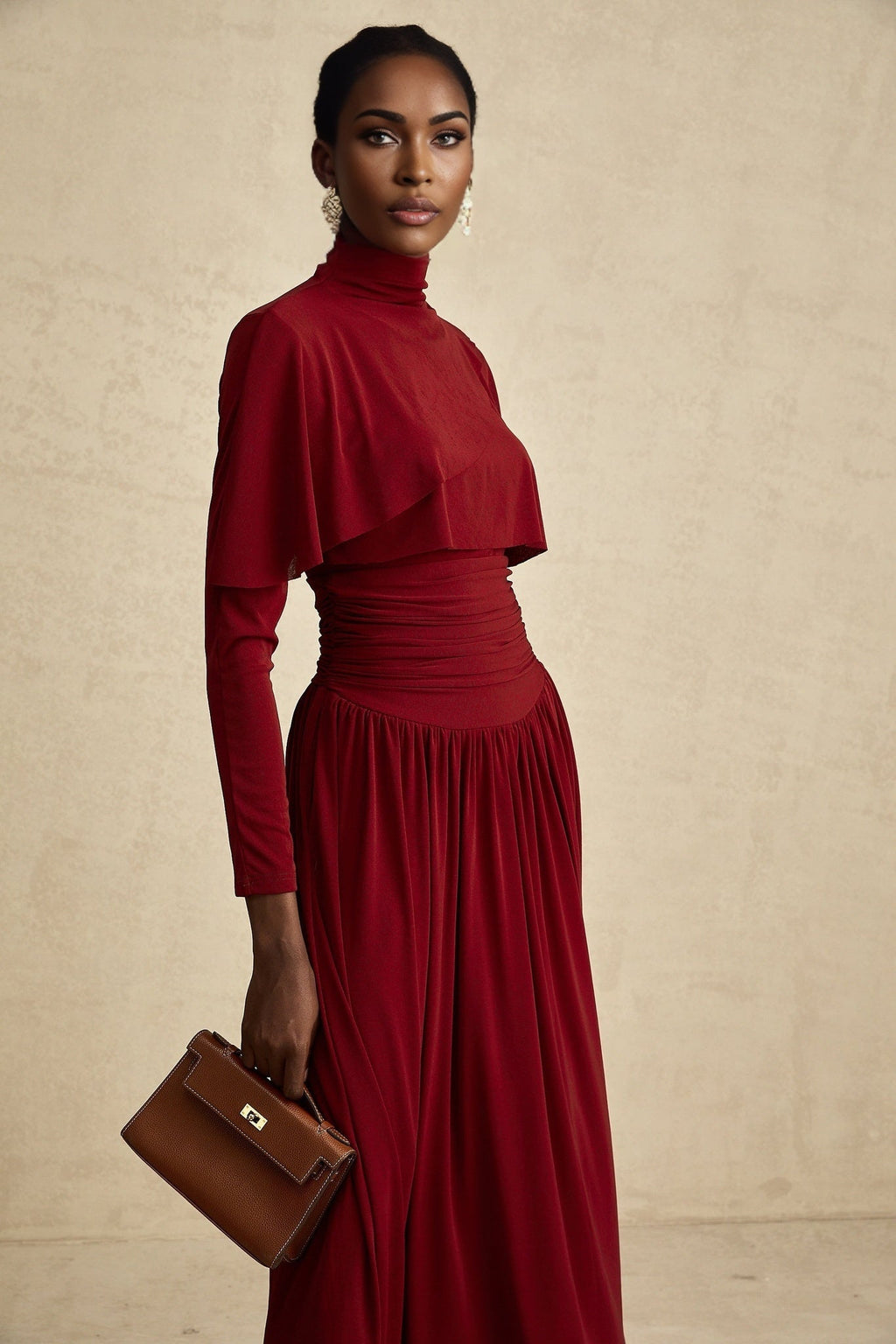 Maria Midi Dress - Vibrant Red with Flap Design & Long Sleeves
