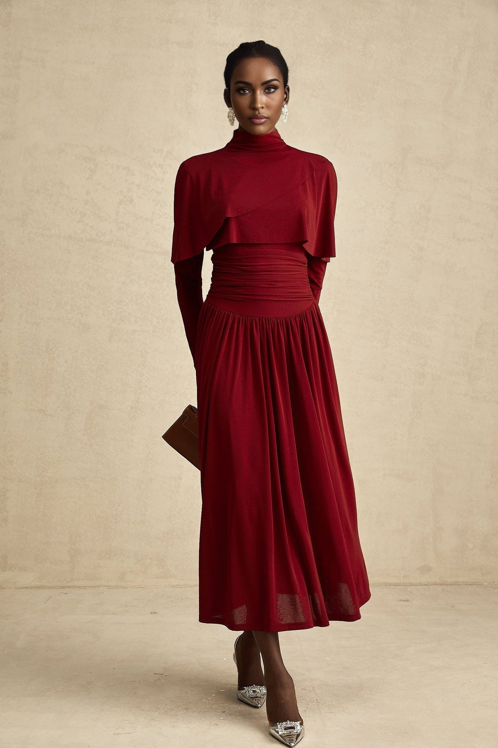 Maria Midi Dress - Vibrant Red with Flap Design & Long Sleeves