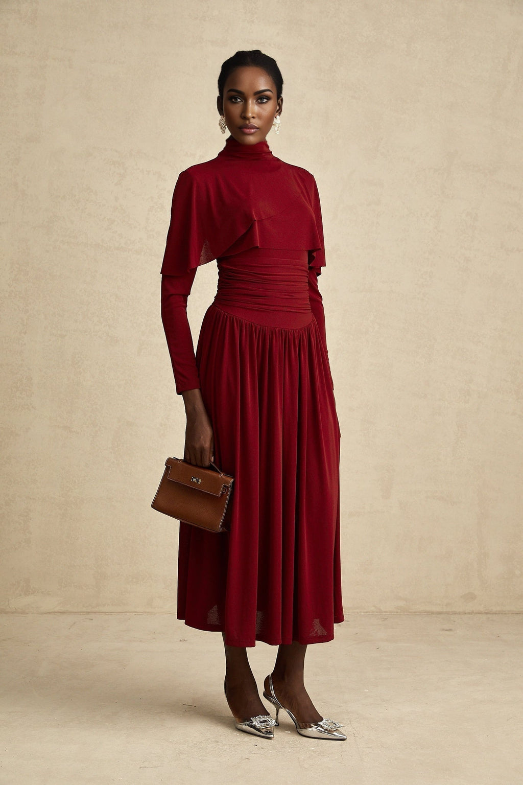 Maria Midi Dress - Vibrant Red with Flap Design & Long Sleeves
