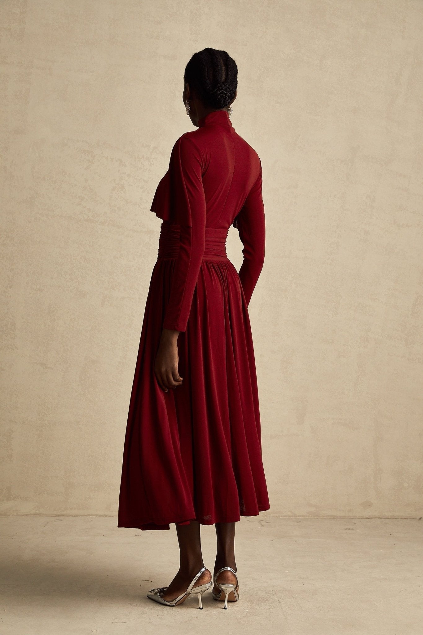 Maria Midi Dress - Vibrant Red with Flap Design & Long Sleeves