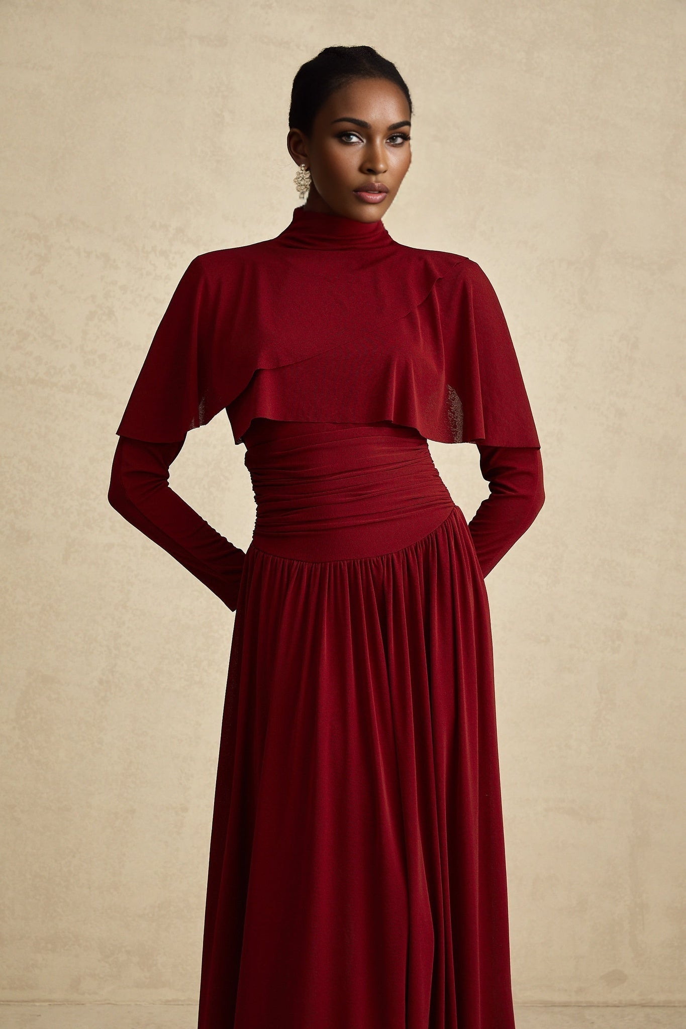 Maria Midi Dress - Vibrant Red with Flap Design & Long Sleeves