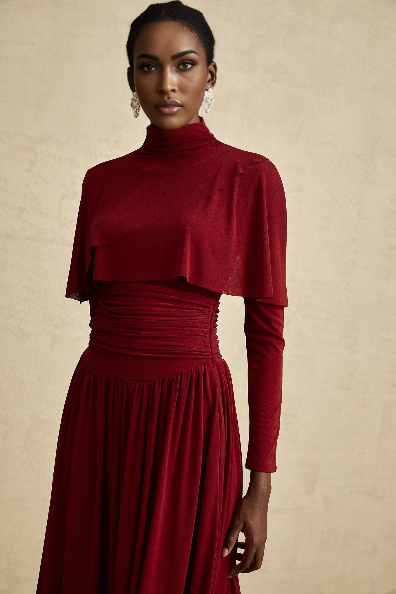 Maria Midi Dress - Vibrant Red with Flap Design & Long Sleeves