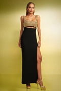 Mariachiara Black Maxi Dress with High Slit and Textured Embellishments