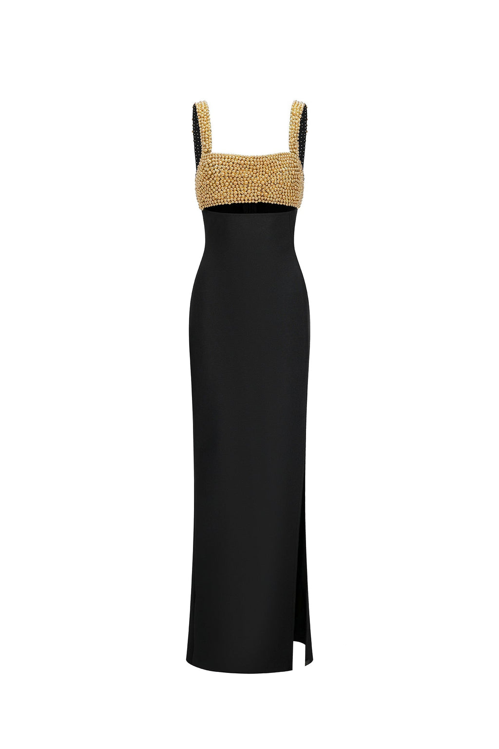 Mariachiara Black Maxi Dress with High Slit and Textured Embellishments