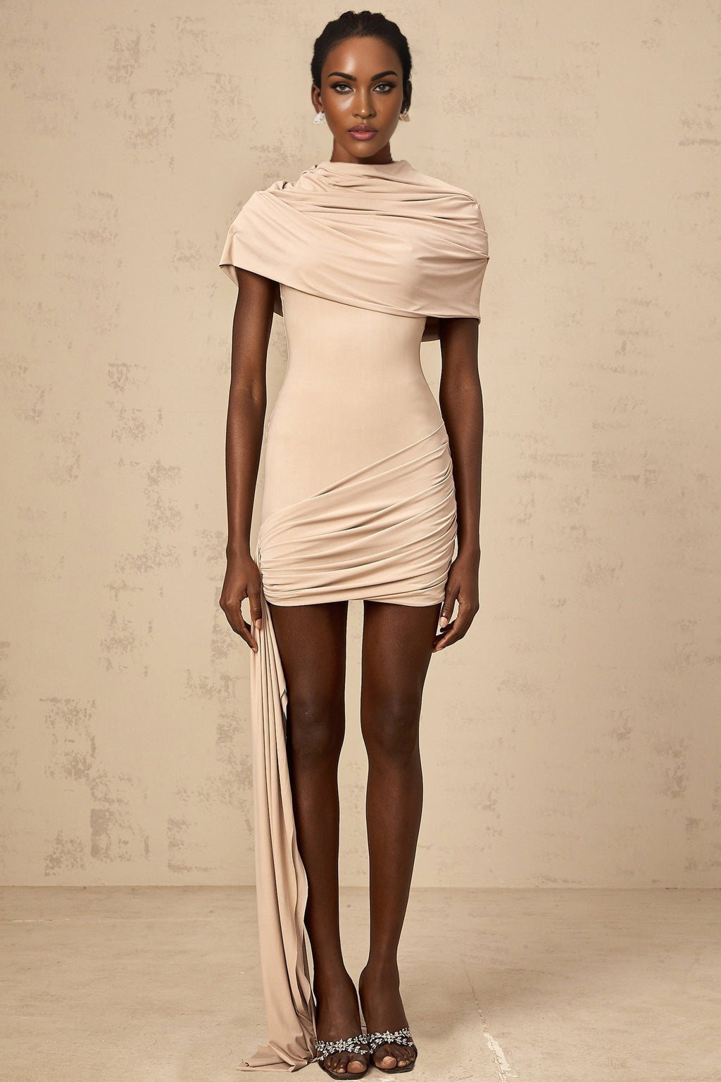 Mariachiara Mini Dress with Mock Neck and Ribbon Design