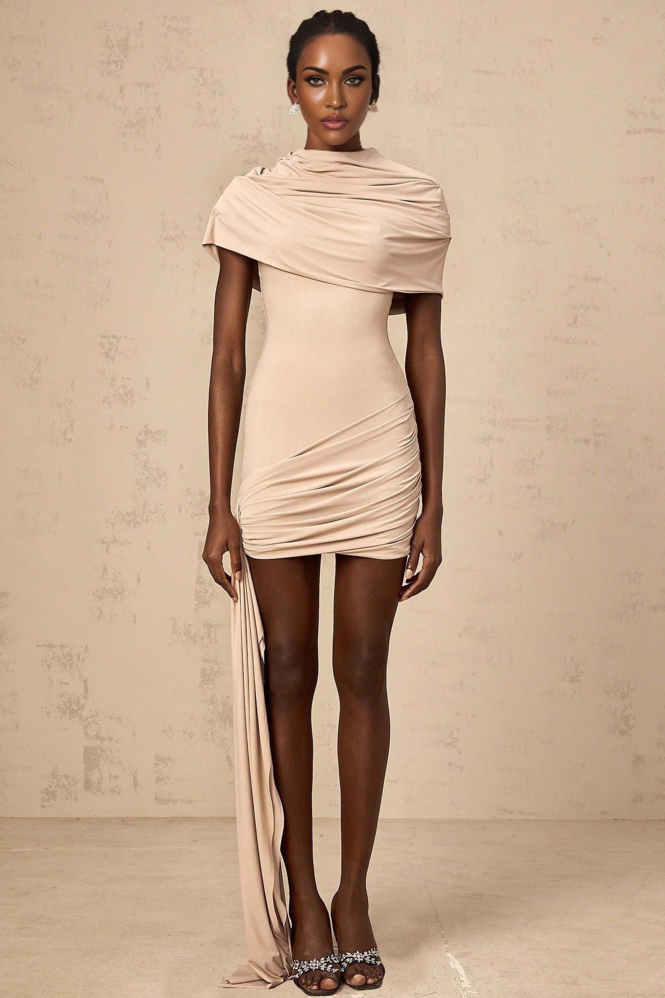 Mariachiara Mini Dress with Mock Neck and Ribbon Design