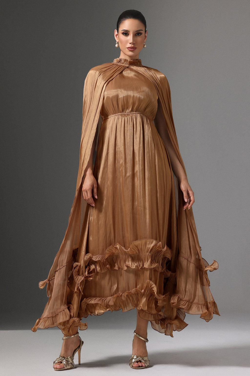 Mariah Brown High Neck Cape Detail Pleated Ruffled Hem Evening Dress