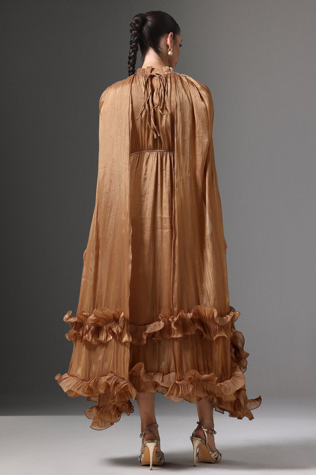 Mariah Brown High Neck Cape Detail Pleated Ruffled Hem Evening Dress