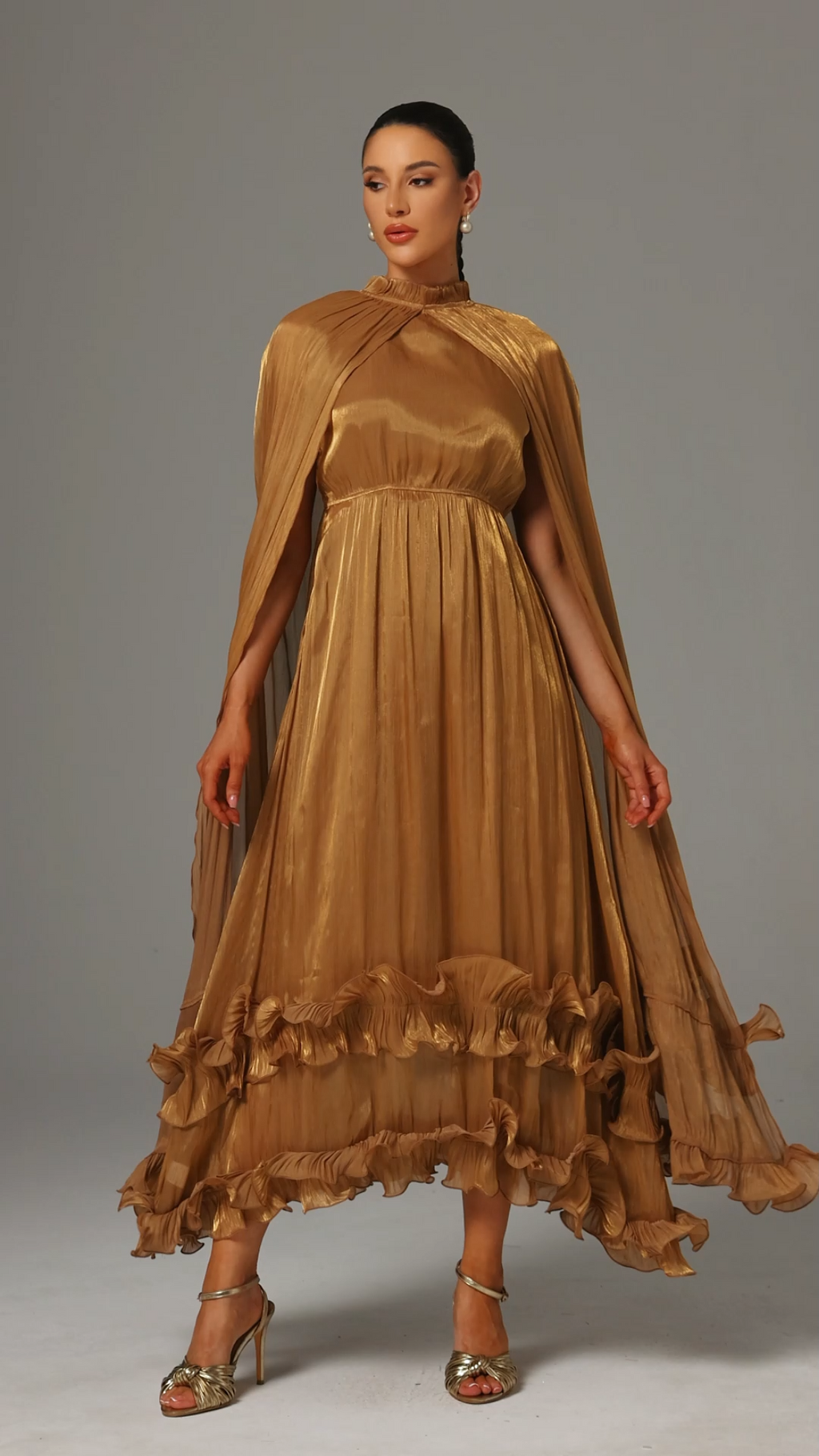 Mariah Brown High Neck Cape Detail Pleated Ruffled Hem Evening Dress