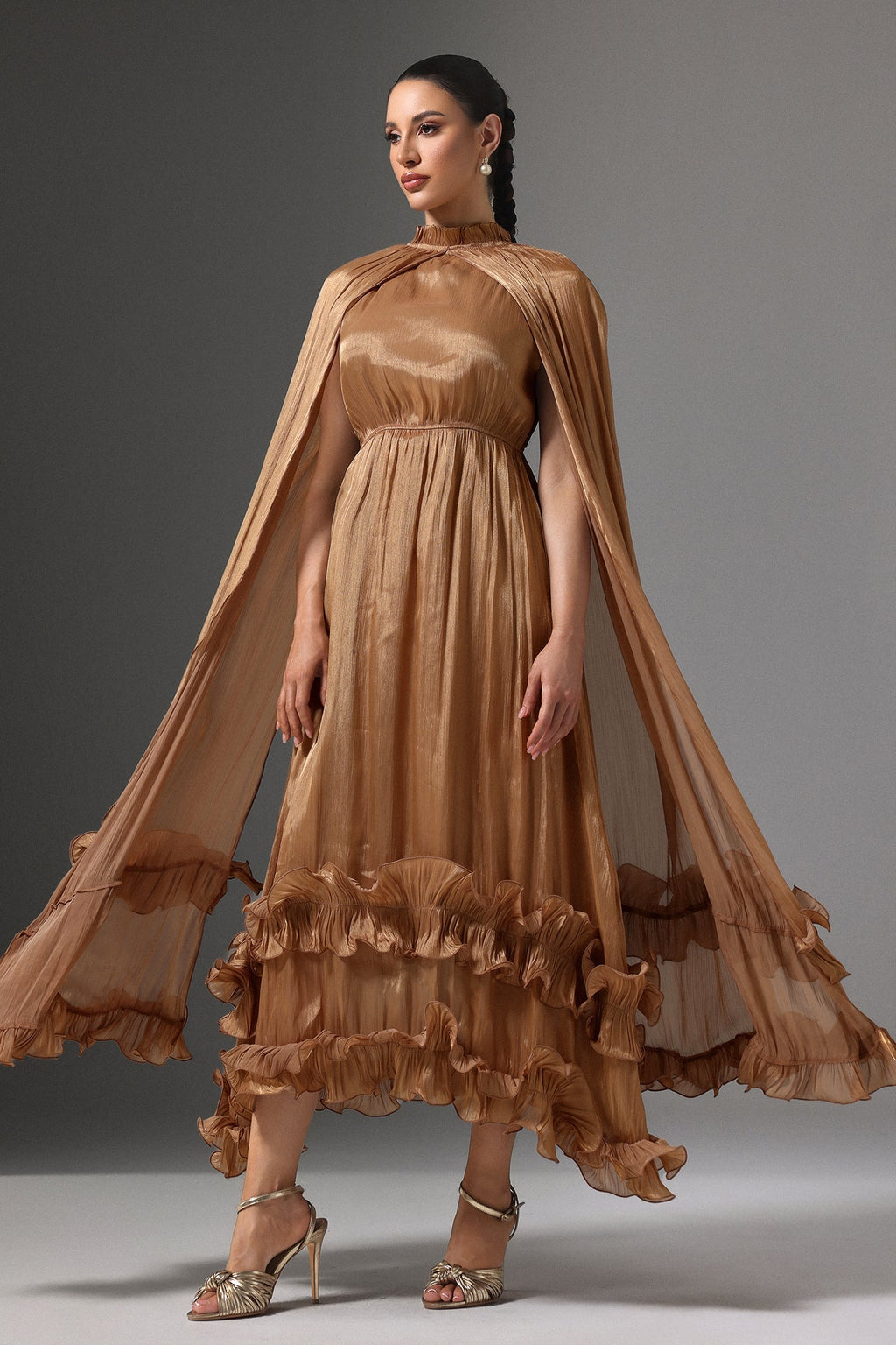 Mariah Brown High Neck Cape Detail Pleated Ruffled Hem Evening Dress