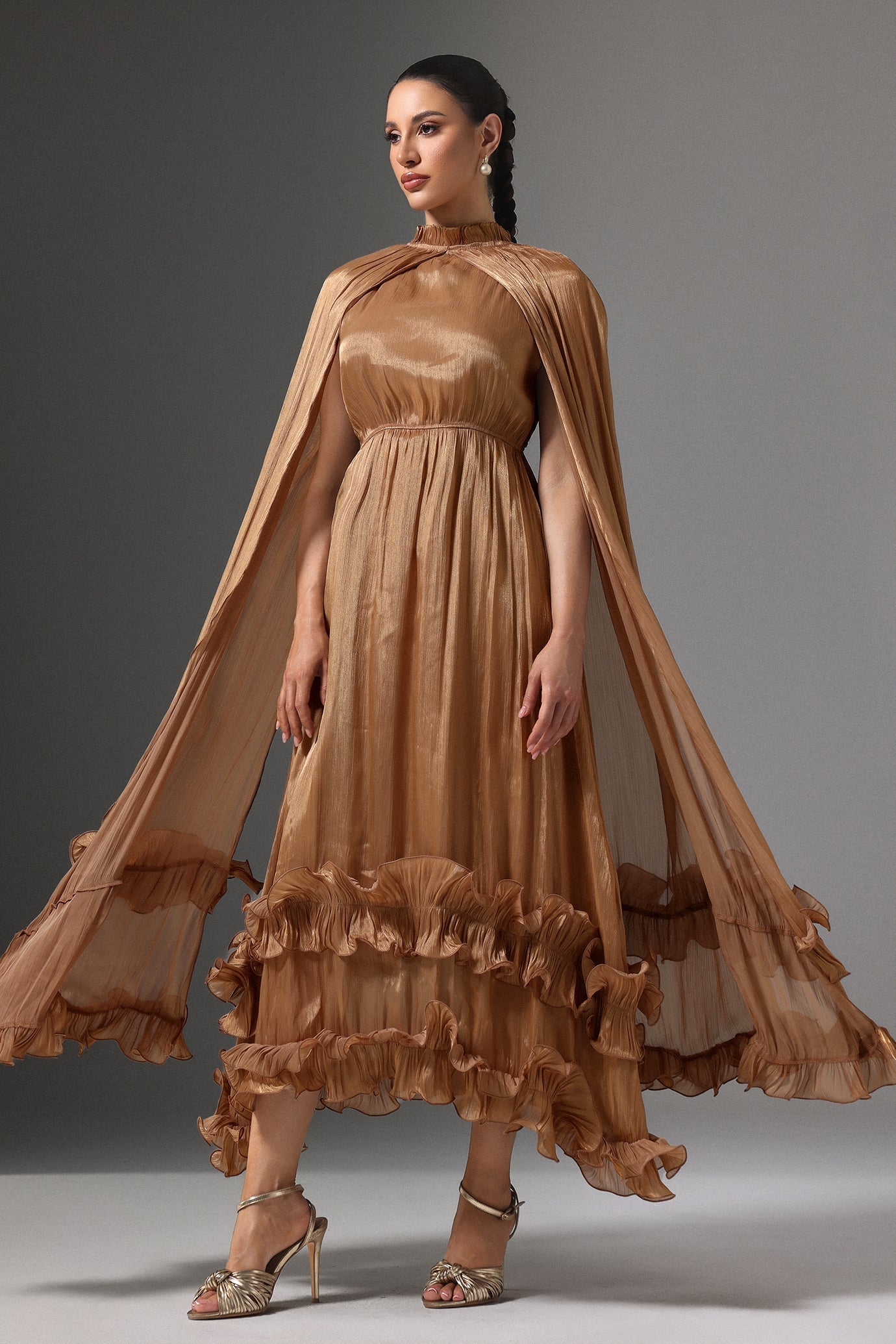 Mariah Brown High Neck Cape Detail Pleated Ruffled Hem Evening Dress