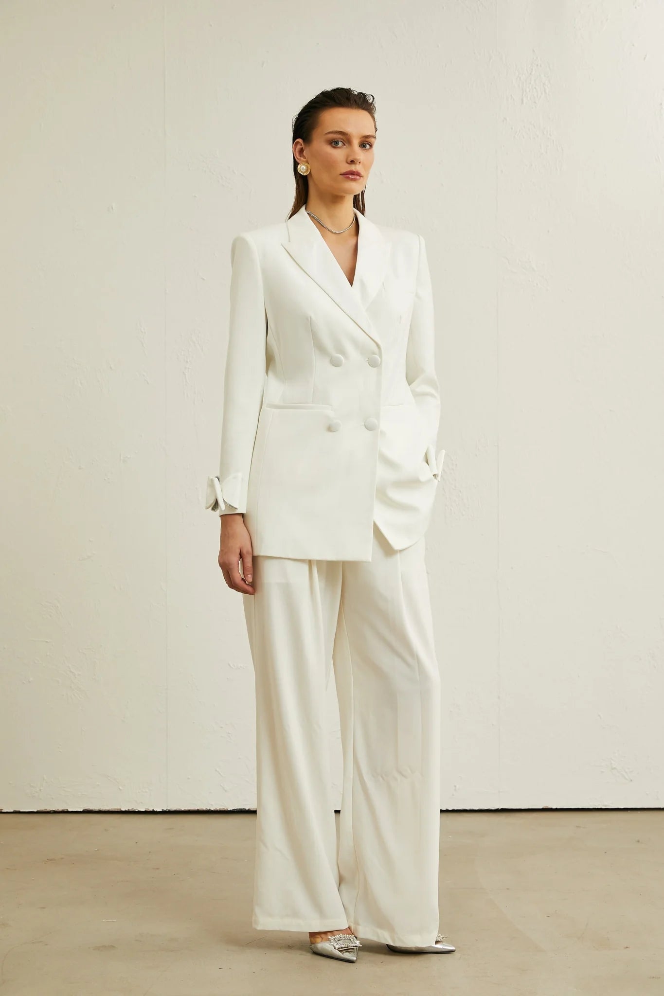 Mariah Jacket Mariah Wool Bow Embellished White & Crystal Coat