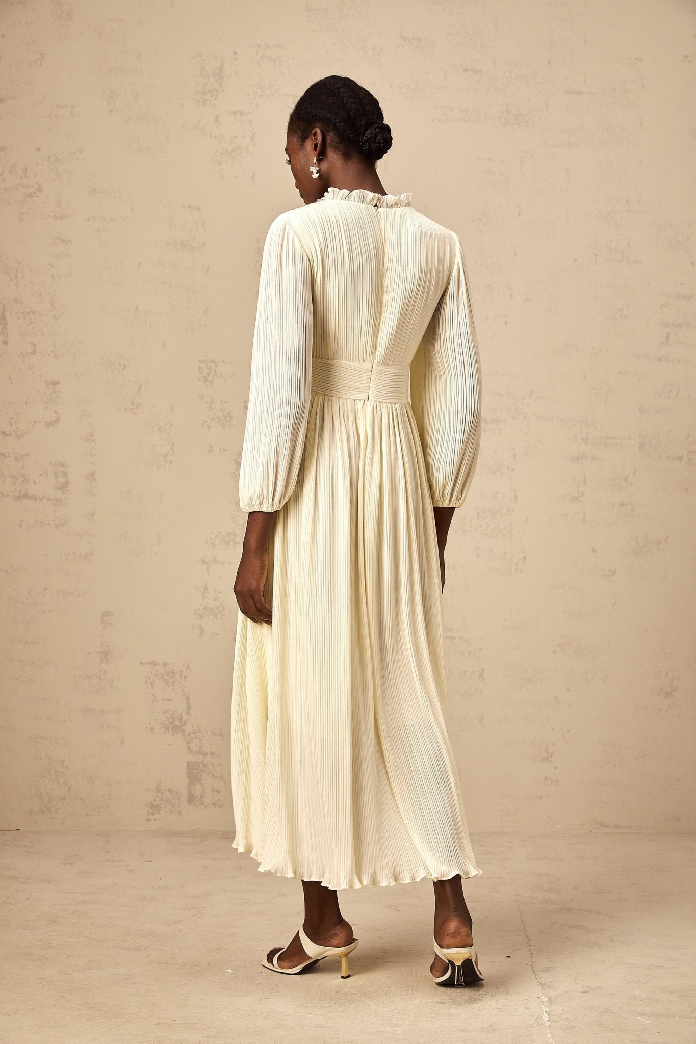 Mariah Midi Dress Off White Crystal Trim Pleated Hem