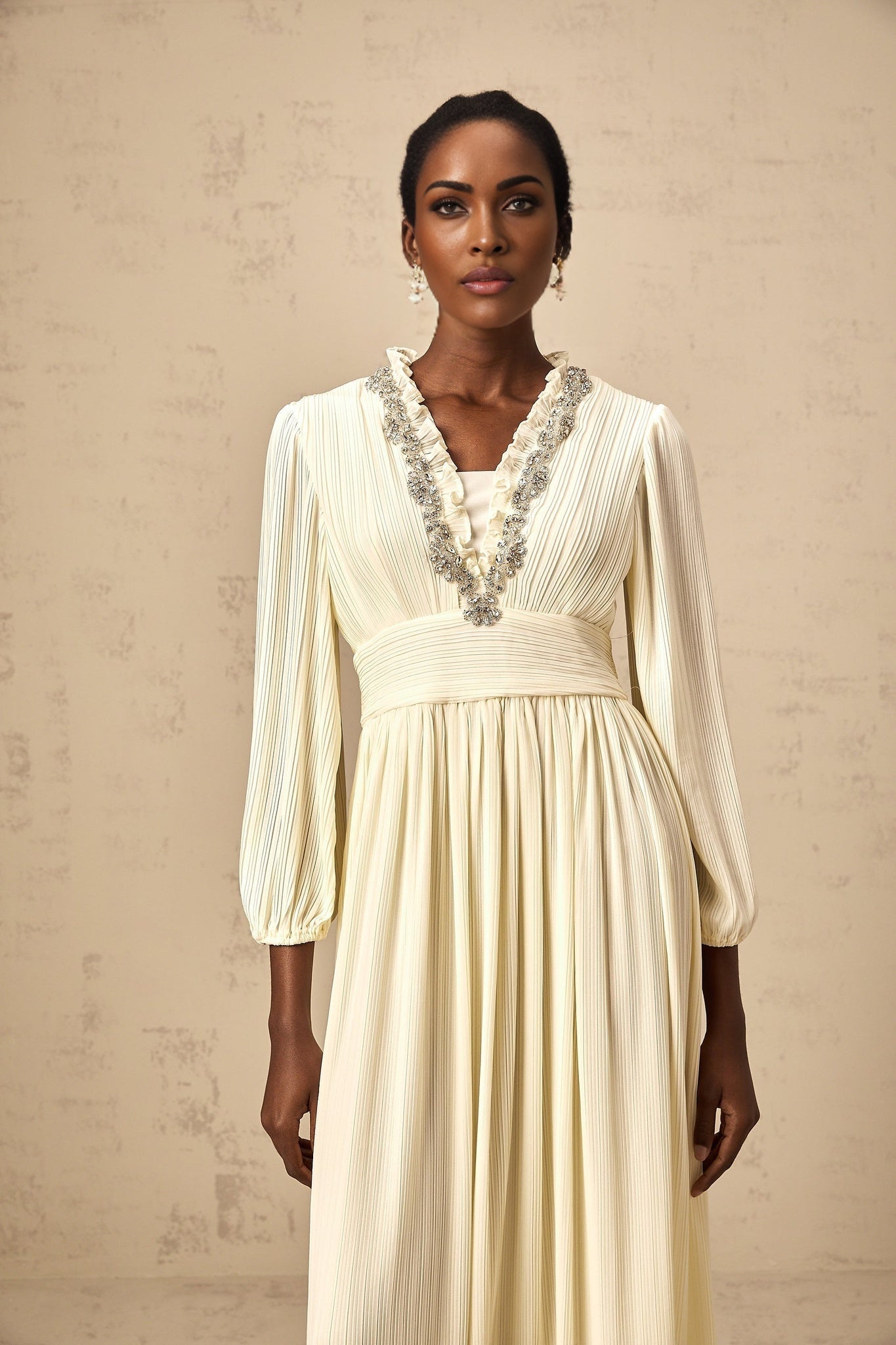 Mariah Midi Dress Off White Crystal Trim Pleated Hem