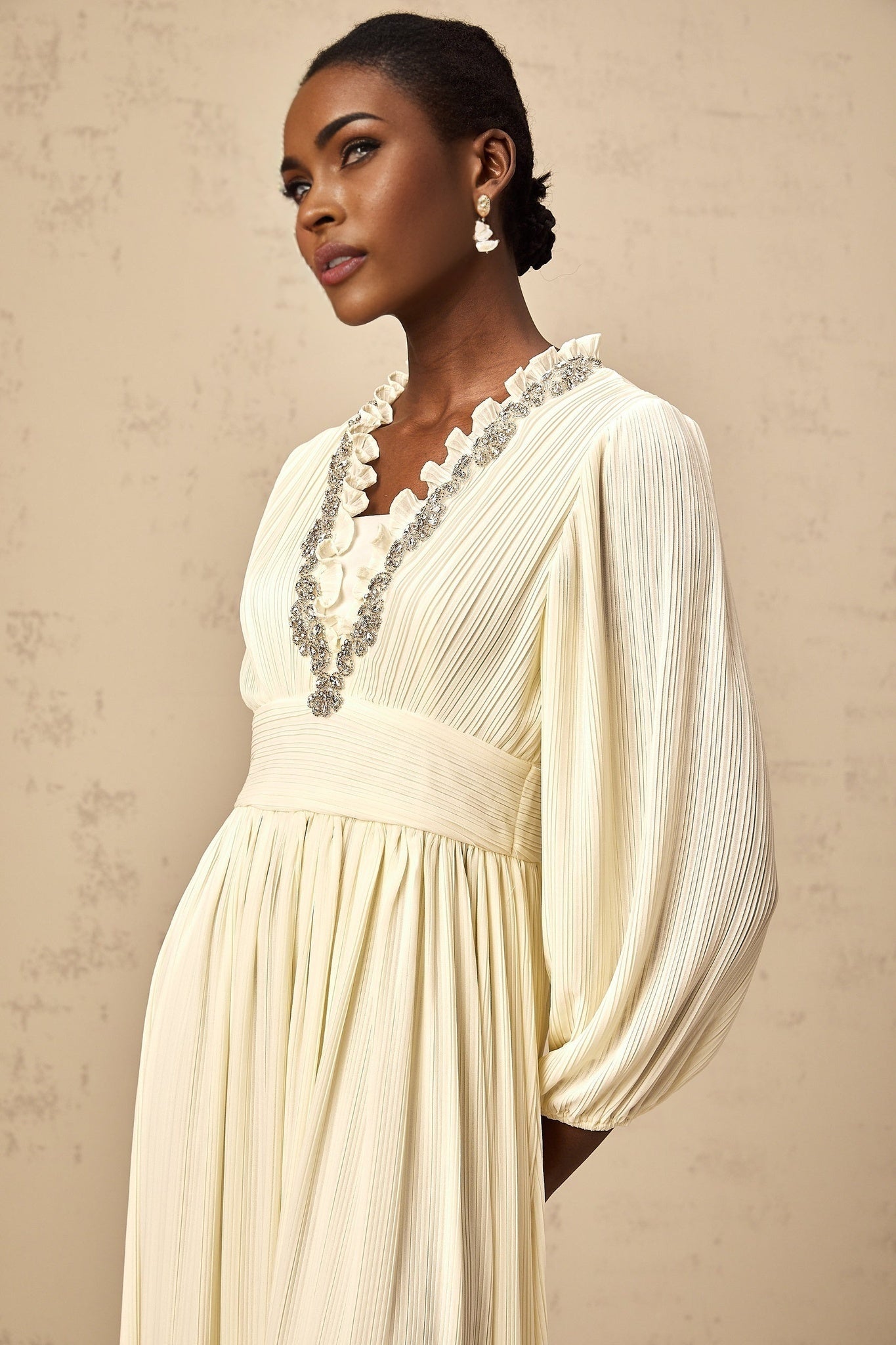 Mariah Midi Dress Off White Crystal Trim Pleated Hem