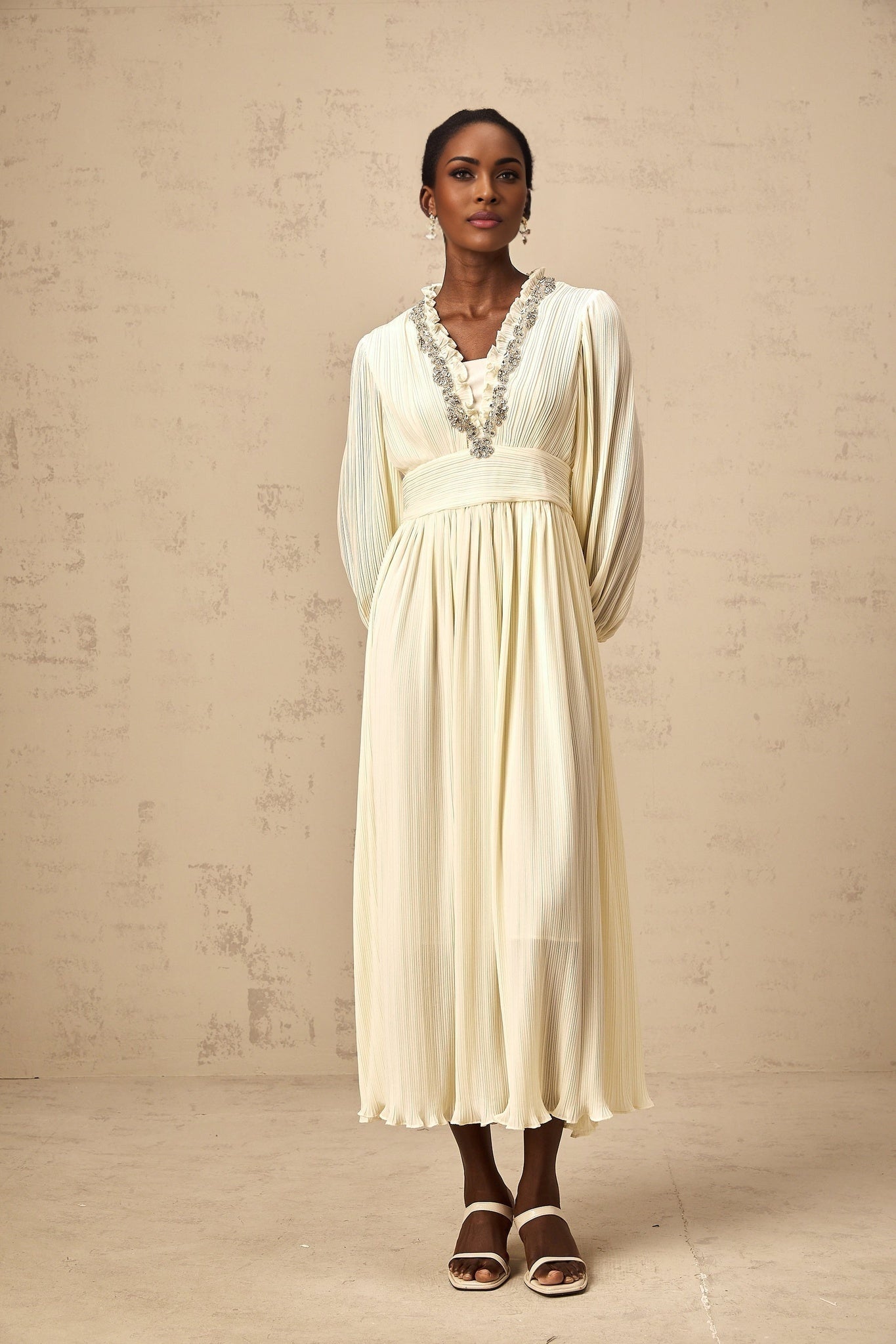 Mariah Midi Dress Off White Crystal Trim Pleated Hem