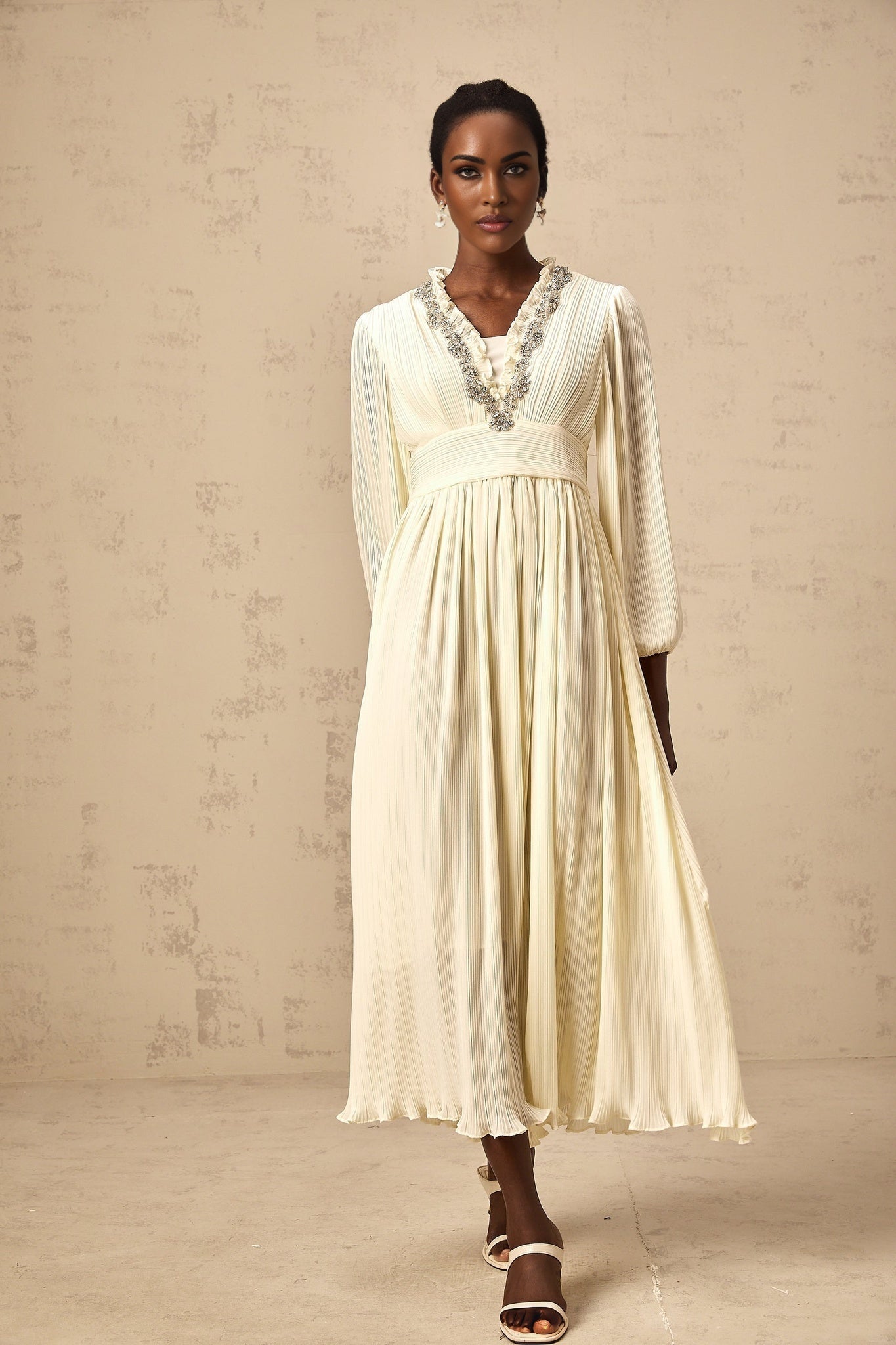 Mariah Midi Dress Off White Crystal Trim Pleated Hem