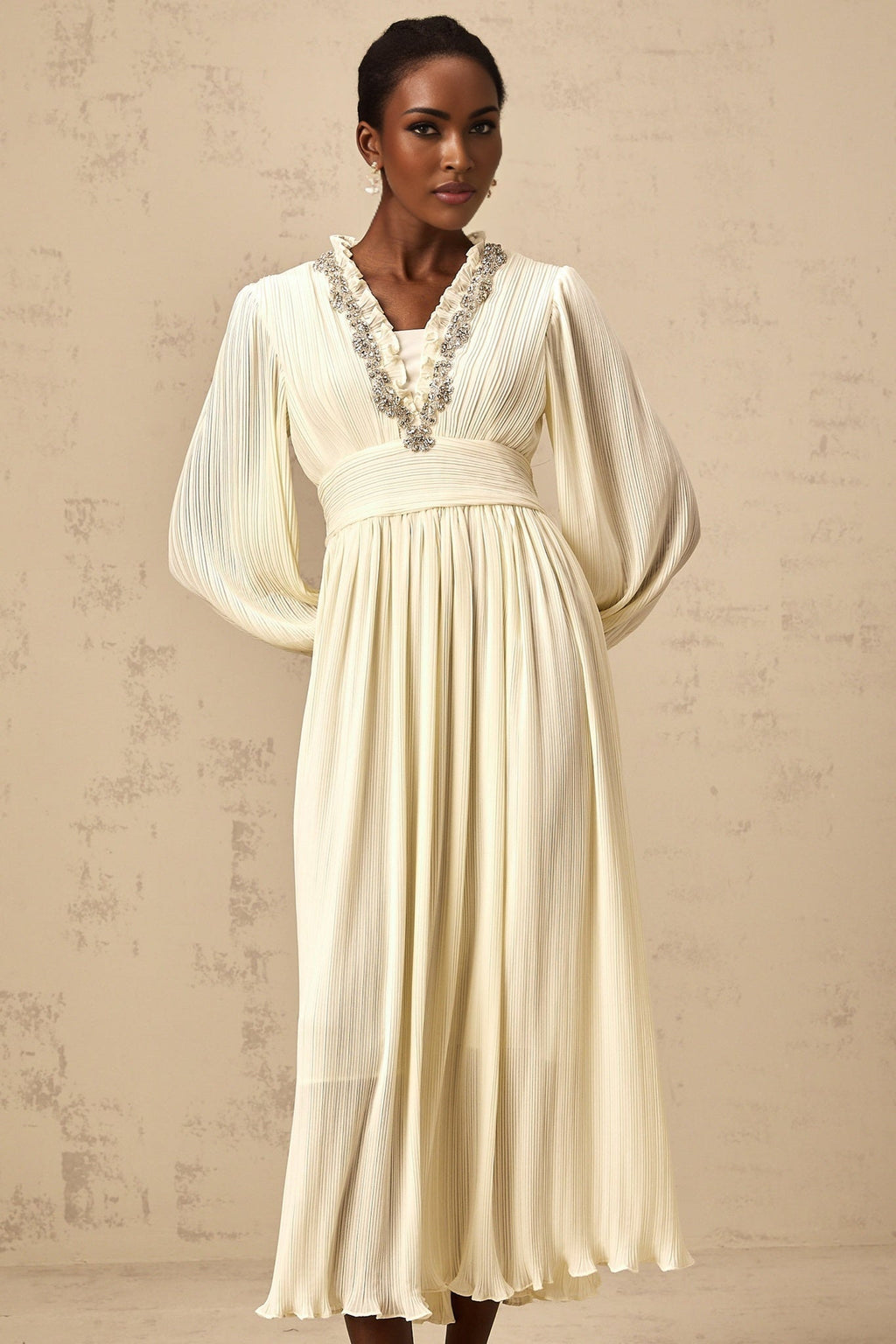 Mariah Midi Dress Off White Crystal Trim Pleated Hem