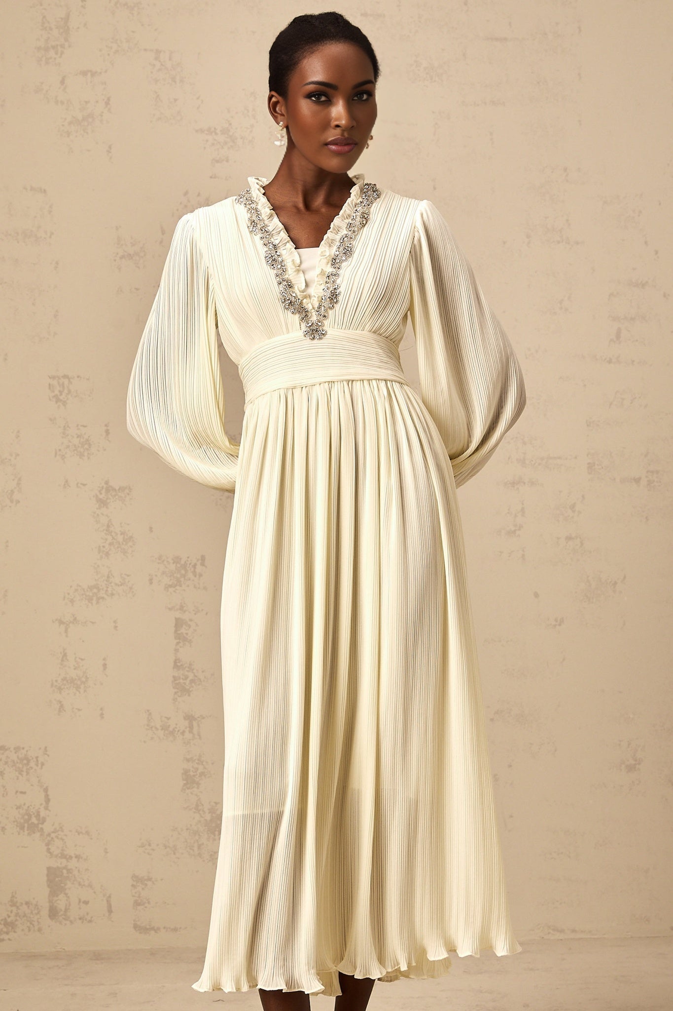 Mariah Midi Dress Off White Crystal Trim Pleated Hem