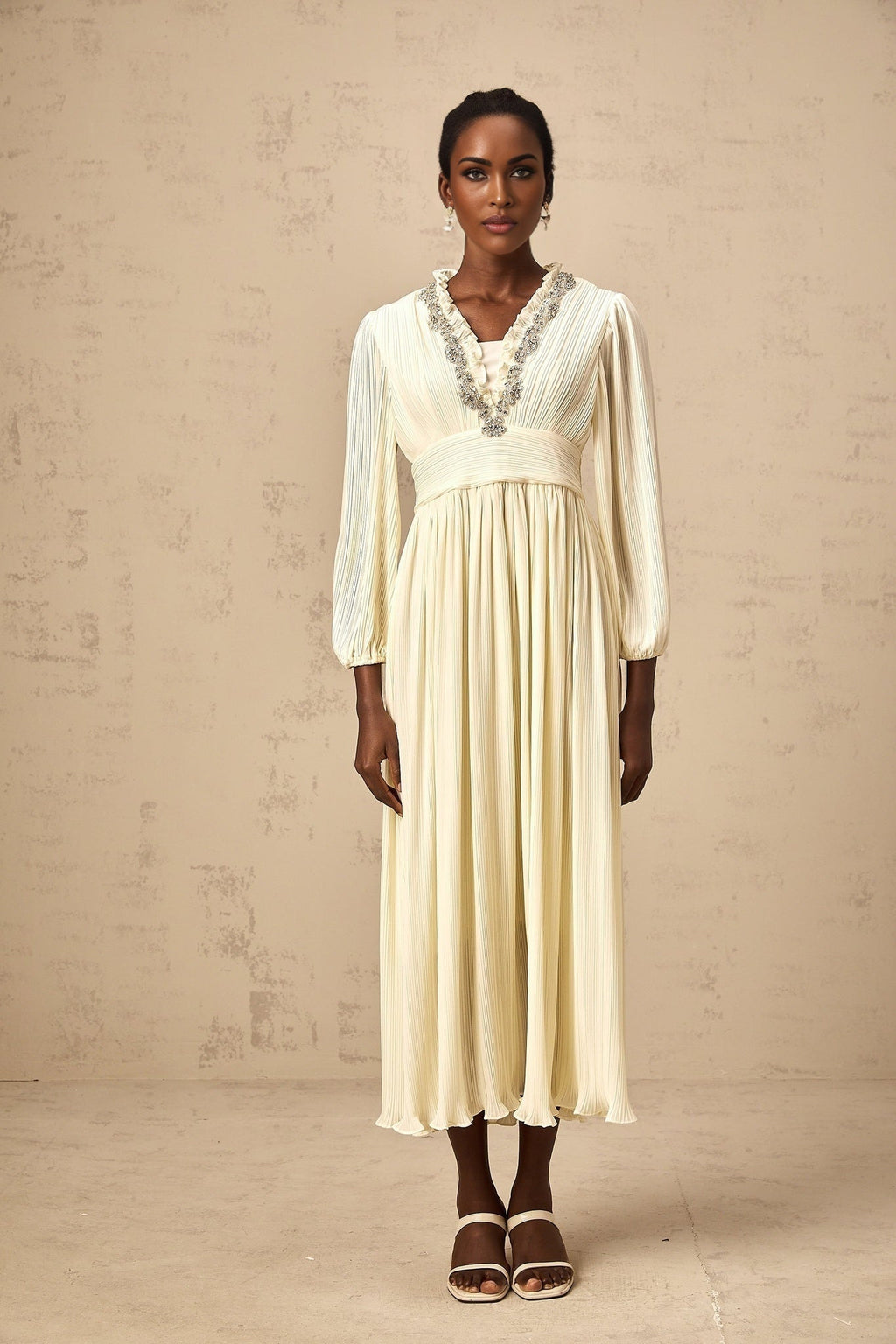 Mariah Midi Dress Off White Crystal Trim Pleated Hem