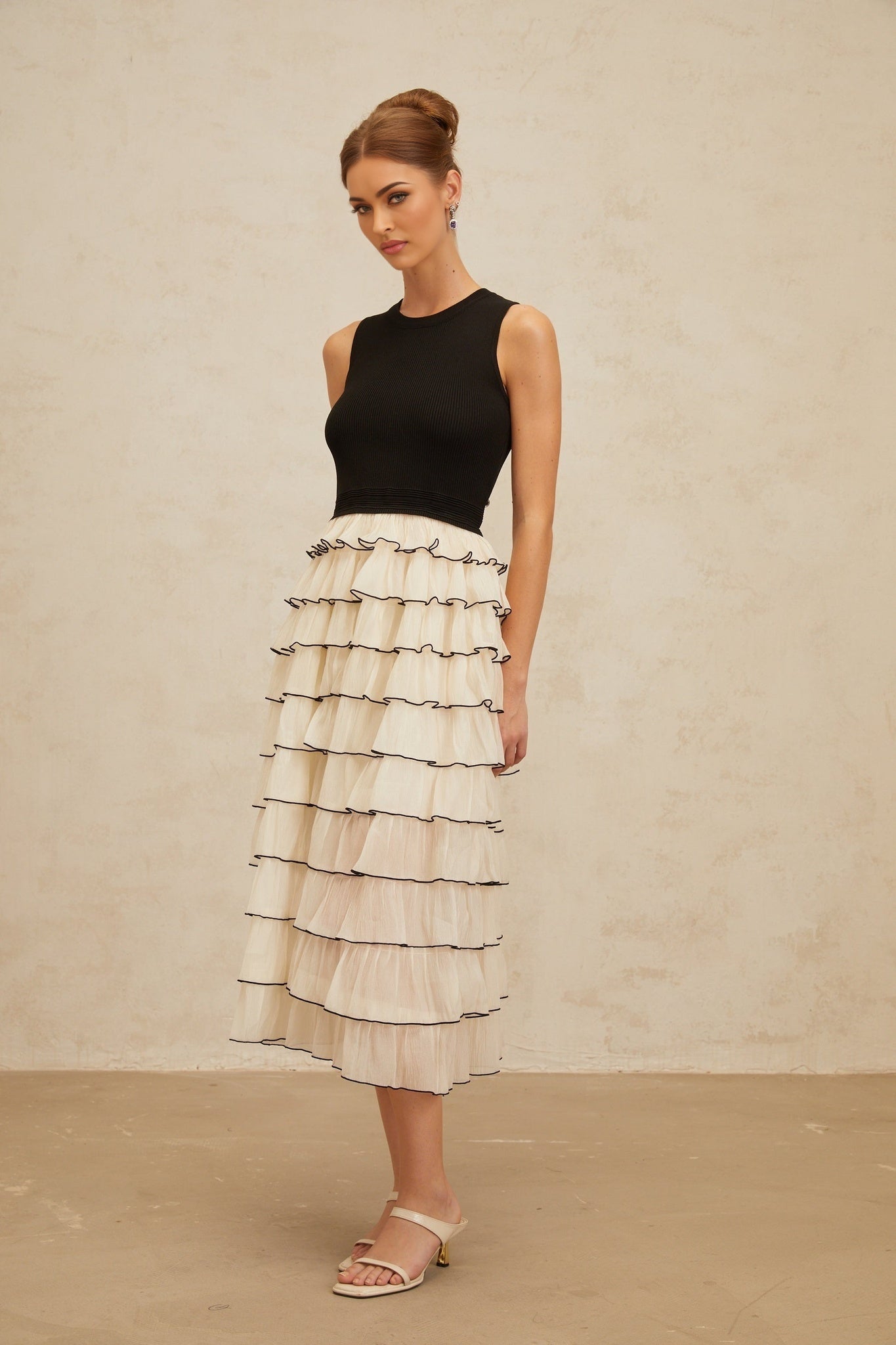 Mariah Midi Dress - Sleeveless - Round Neck - Contrast Colors - Ribbed Knit - Tulle Panelling