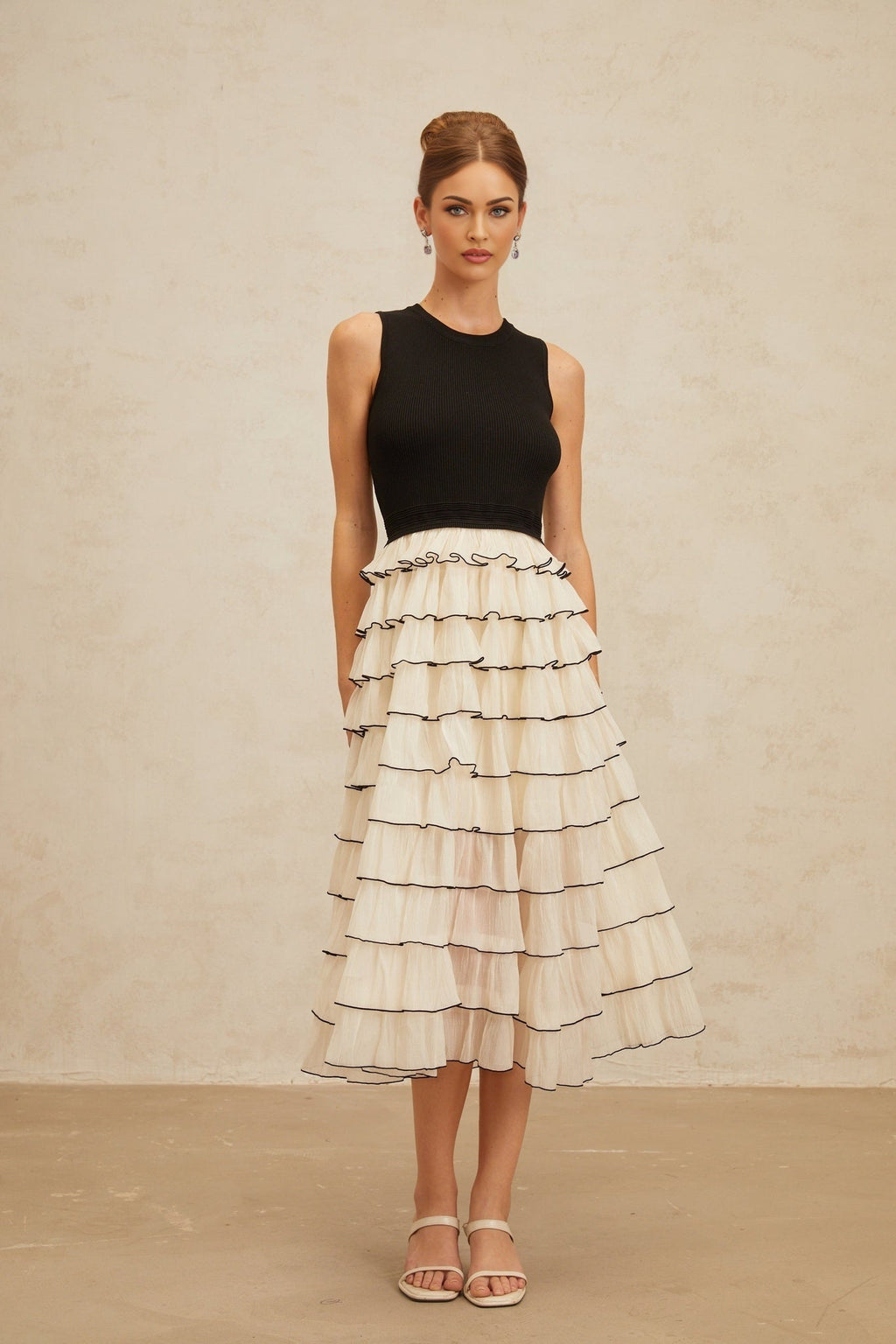 Mariah Midi Dress - Sleeveless - Round Neck - Contrast Colors - Ribbed Knit - Tulle Panelling