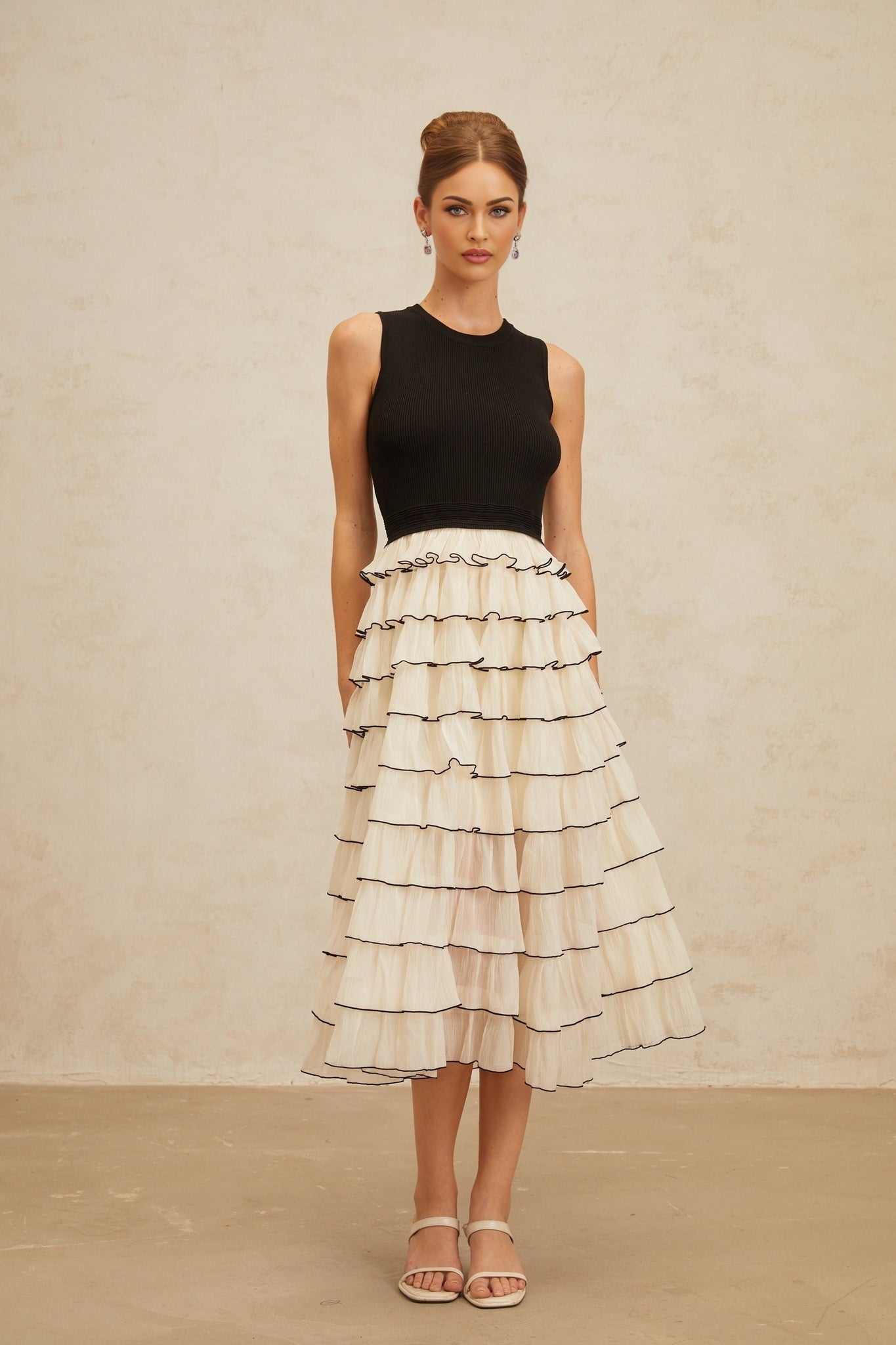 Mariah Midi Dress - Sleeveless - Round Neck - Contrast Colors - Ribbed Knit - Tulle Panelling