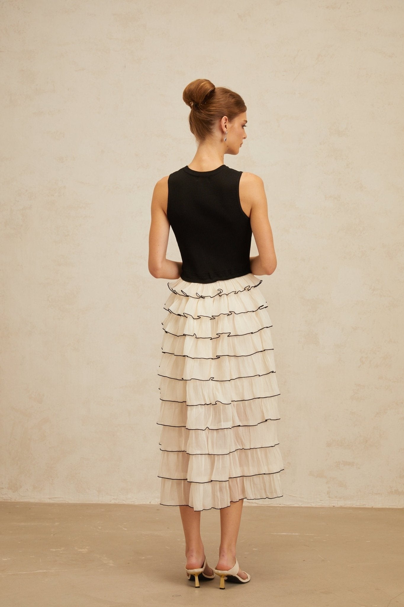 Mariah Midi Dress - Sleeveless - Round Neck - Contrast Colors - Ribbed Knit - Tulle Panelling