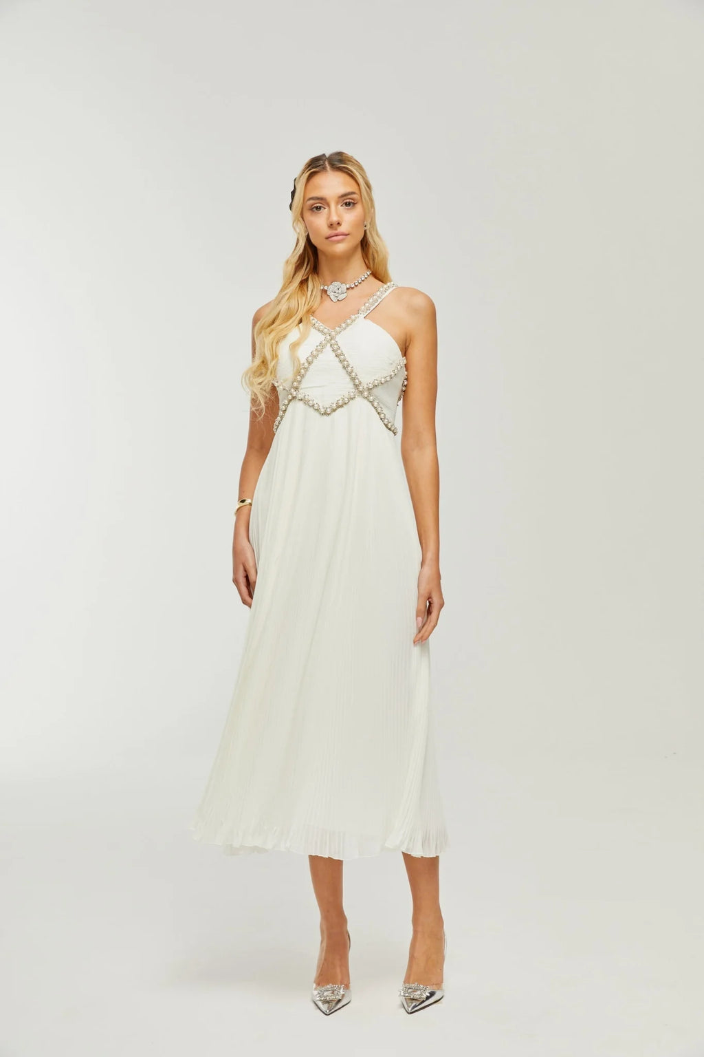 Mariah Midi Dress White Fauxpearl Crystal Embellished VNeck