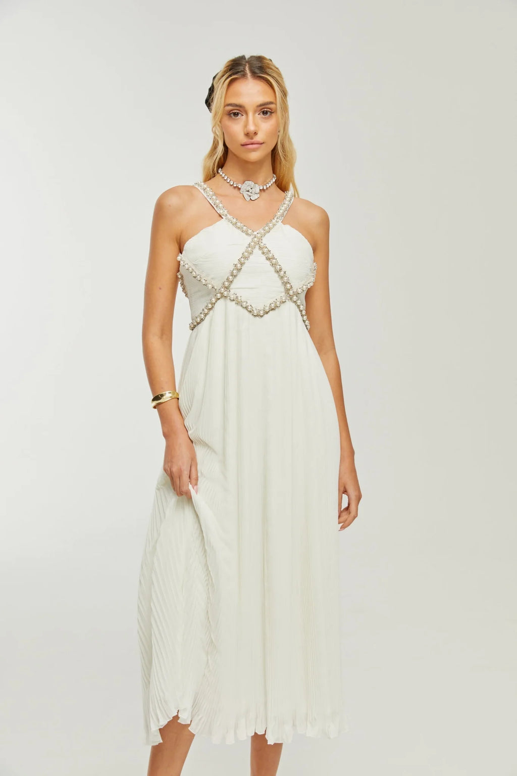 Mariah Midi Dress White Fauxpearl Crystal Embellished VNeck