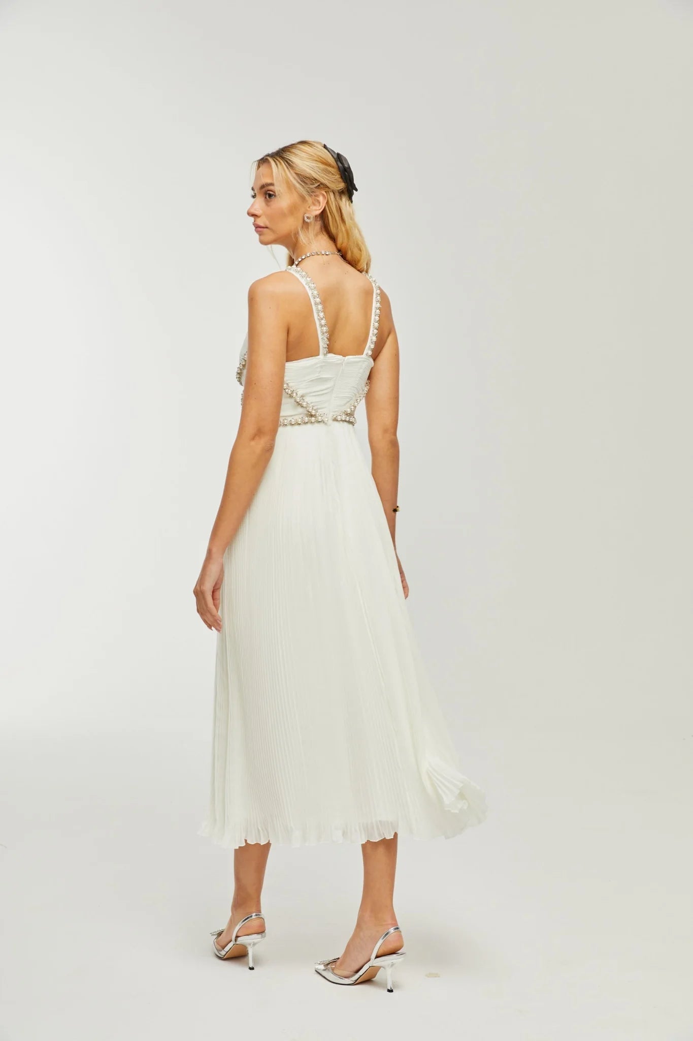 Mariah Midi Dress White Fauxpearl Crystal Embellished VNeck