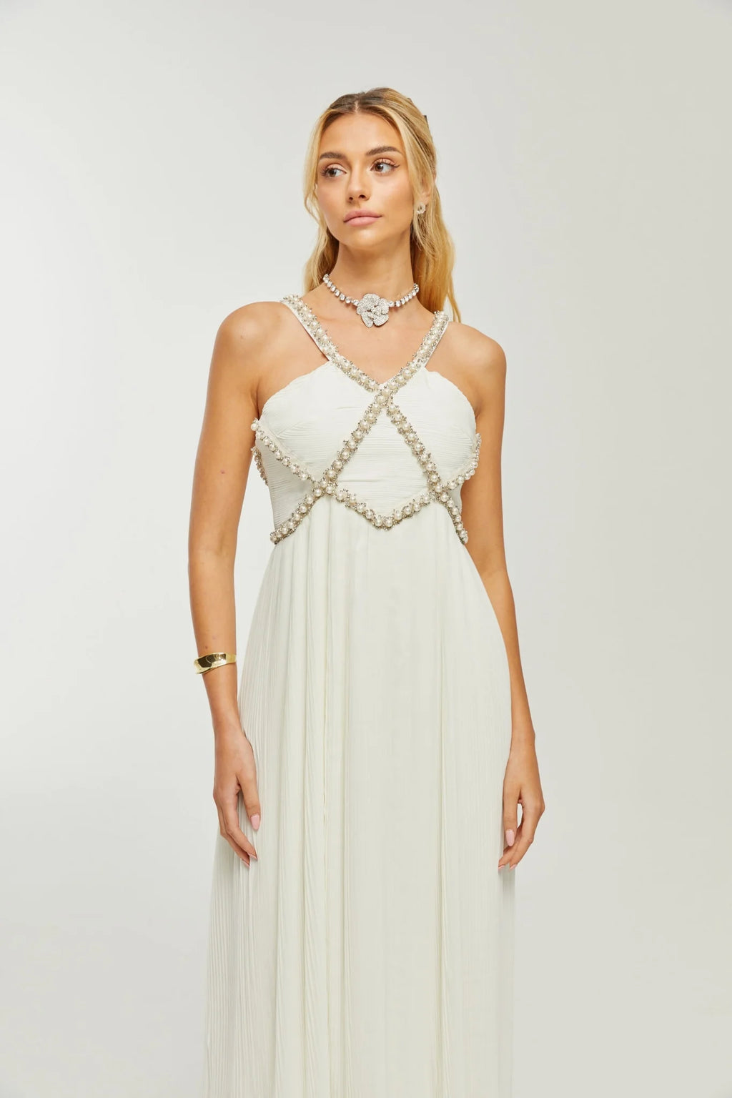 Mariah Midi Dress White Fauxpearl Crystal Embellished VNeck