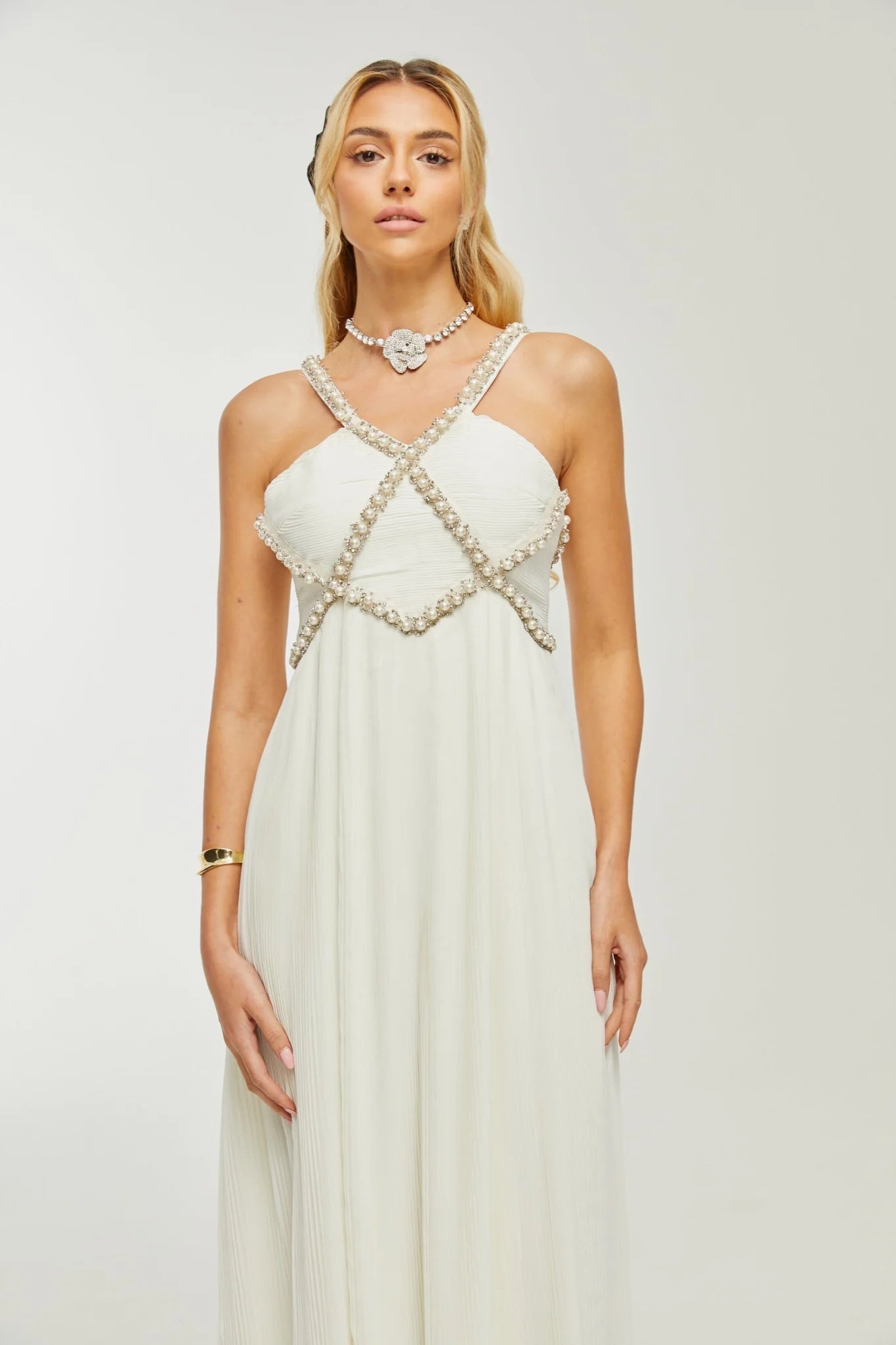 Mariah Midi Dress White Fauxpearl Crystal Embellished VNeck