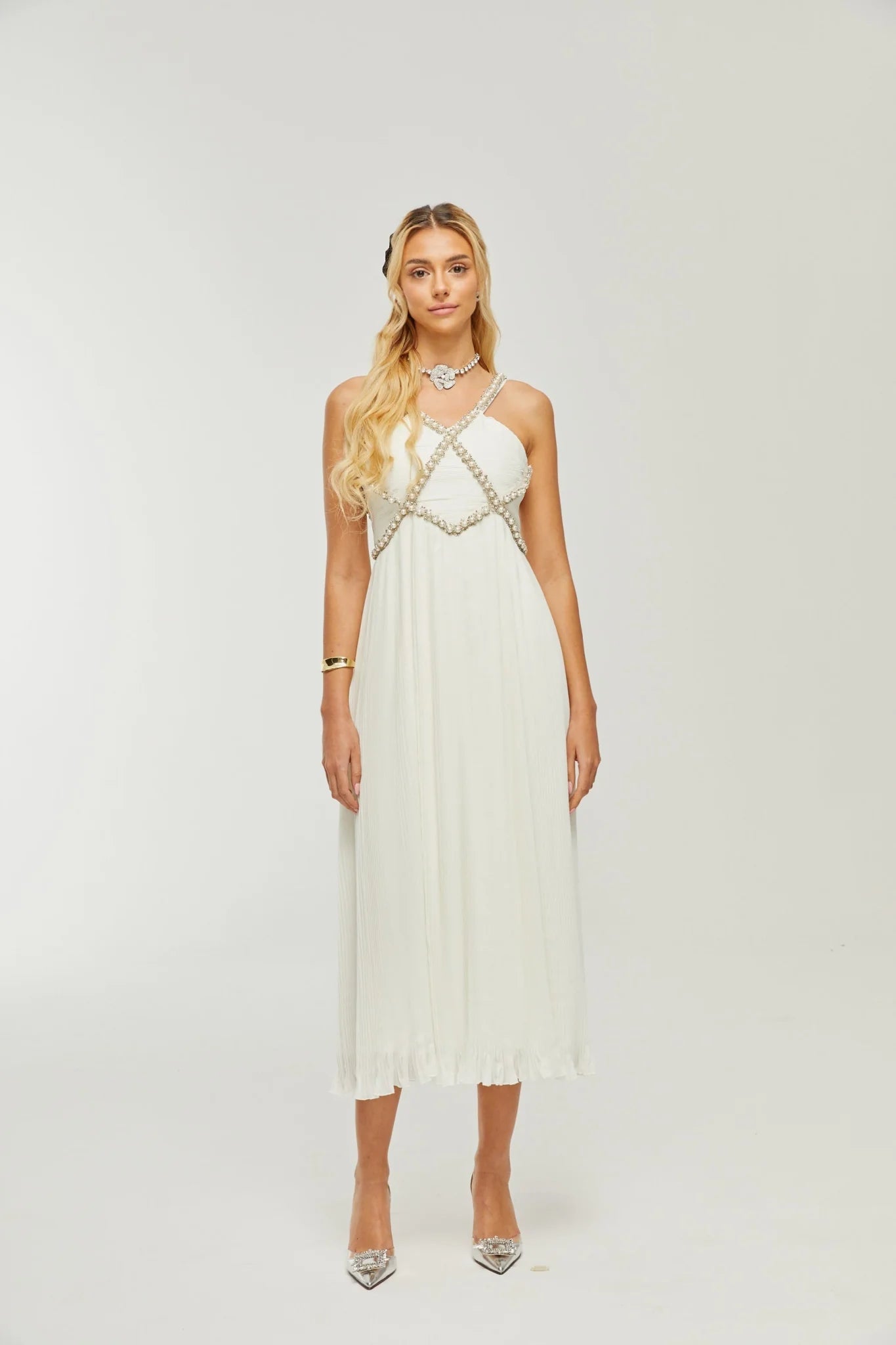 Mariah Midi Dress White Fauxpearl Crystal Embellished VNeck