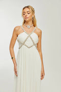 Mariah Midi Dress White Fauxpearl Crystal Embellished VNeck