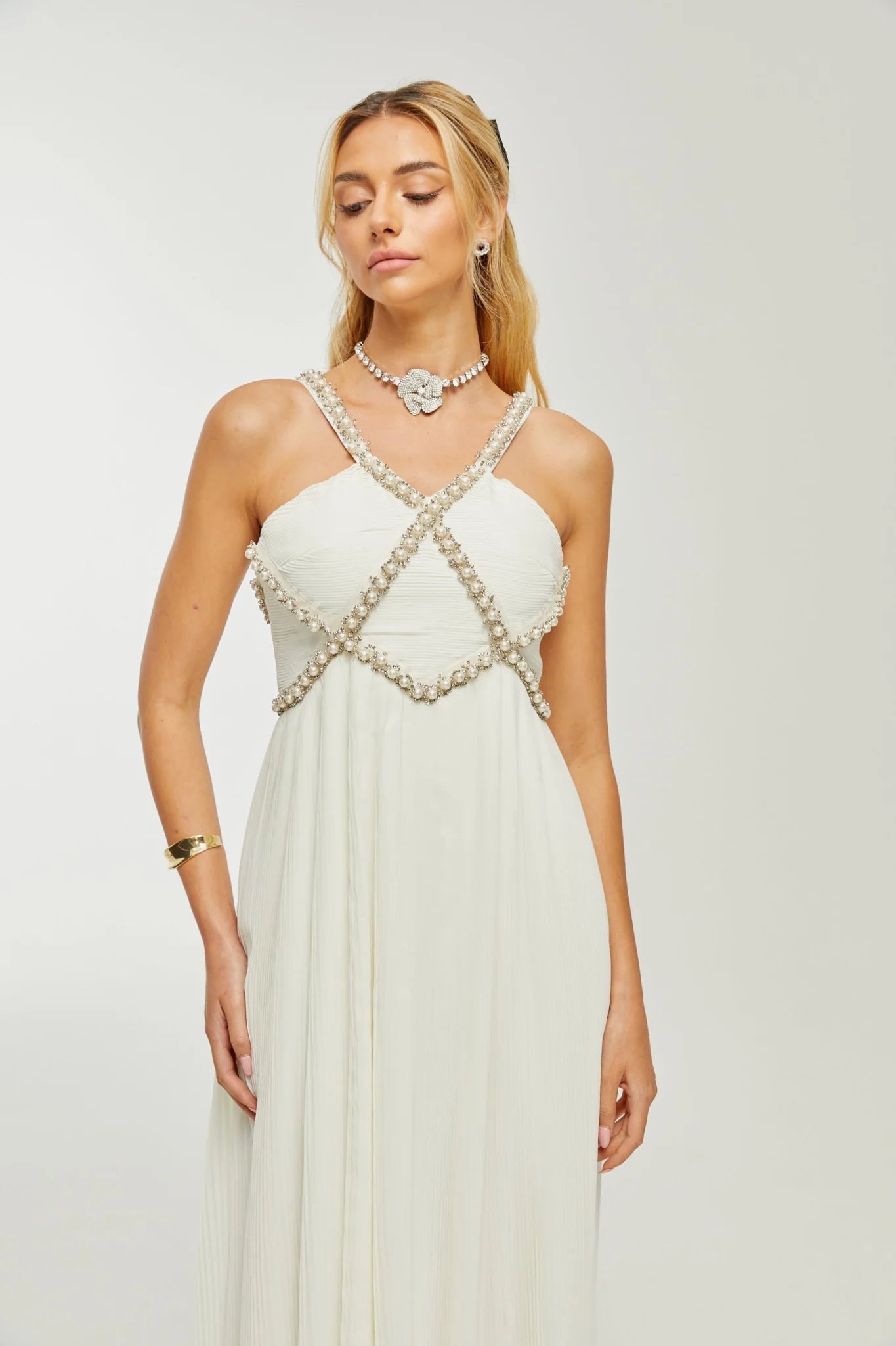 Mariah Midi Dress White Fauxpearl Crystal Embellished VNeck