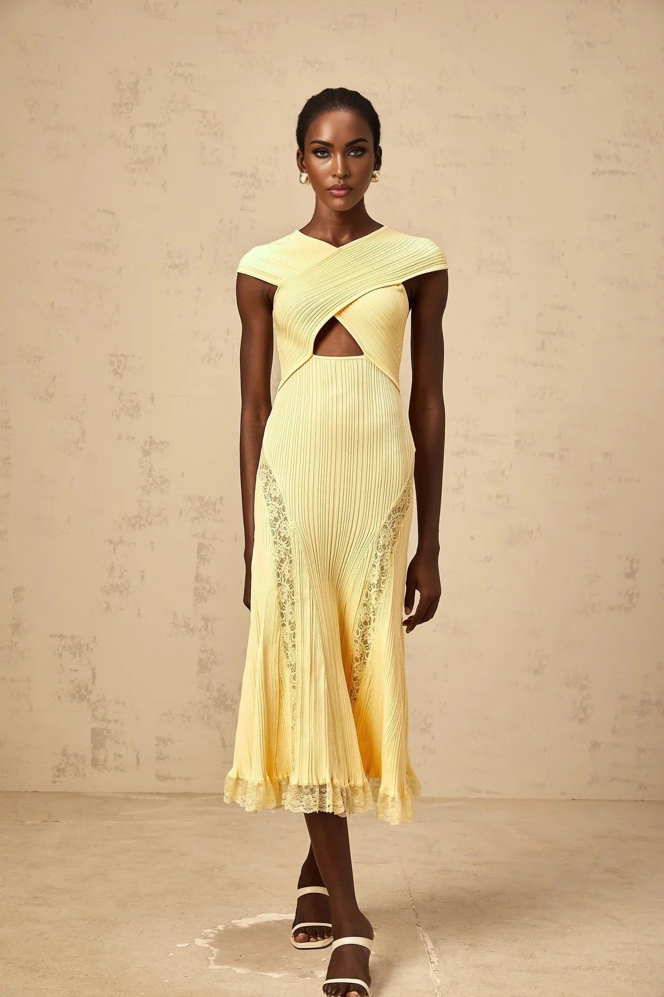 Mariah Midi Dress Yellow Lace Panel & Rib - Knit