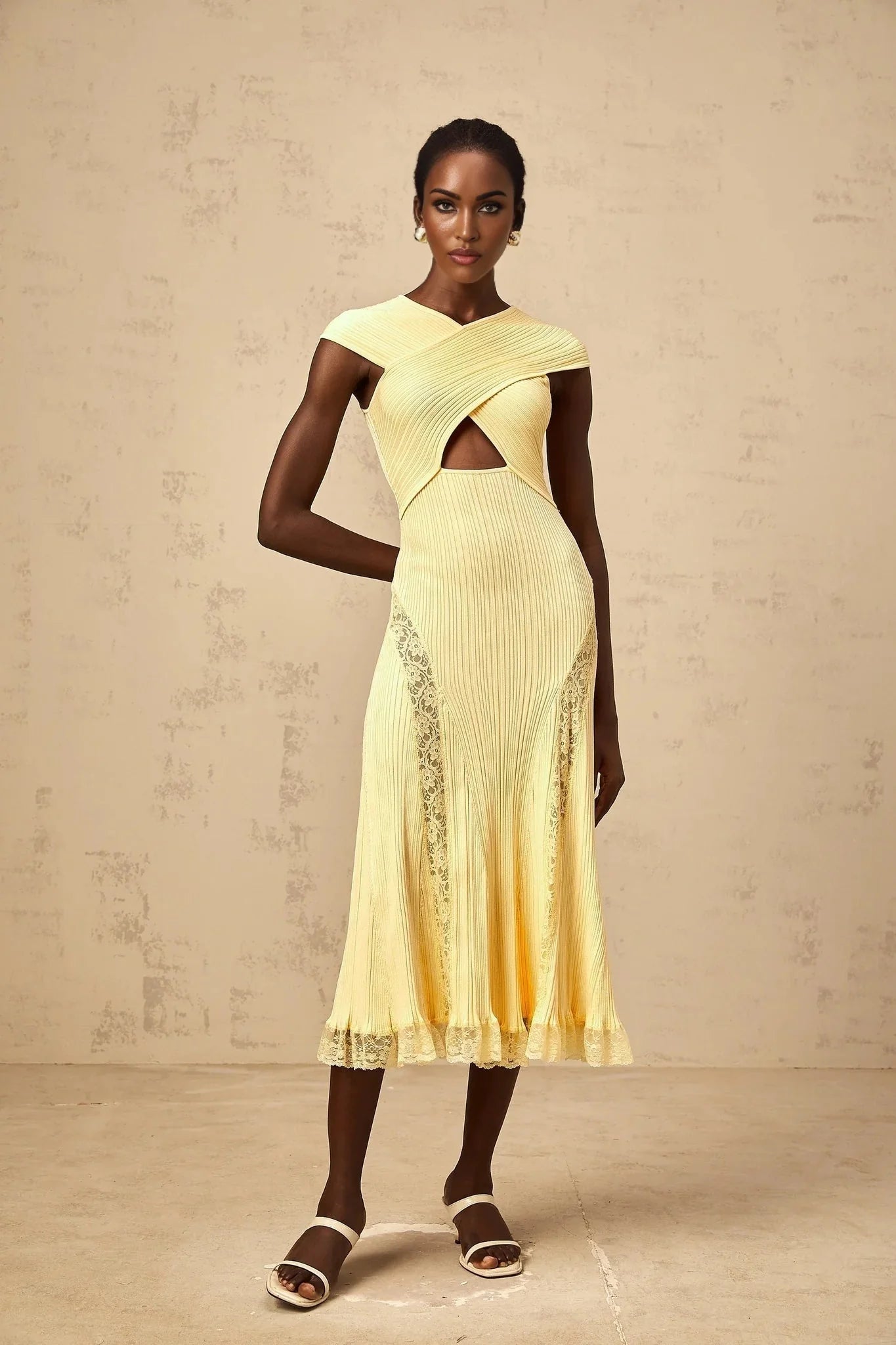 Mariah Midi Dress Yellow Lace Panel & Rib - Knit