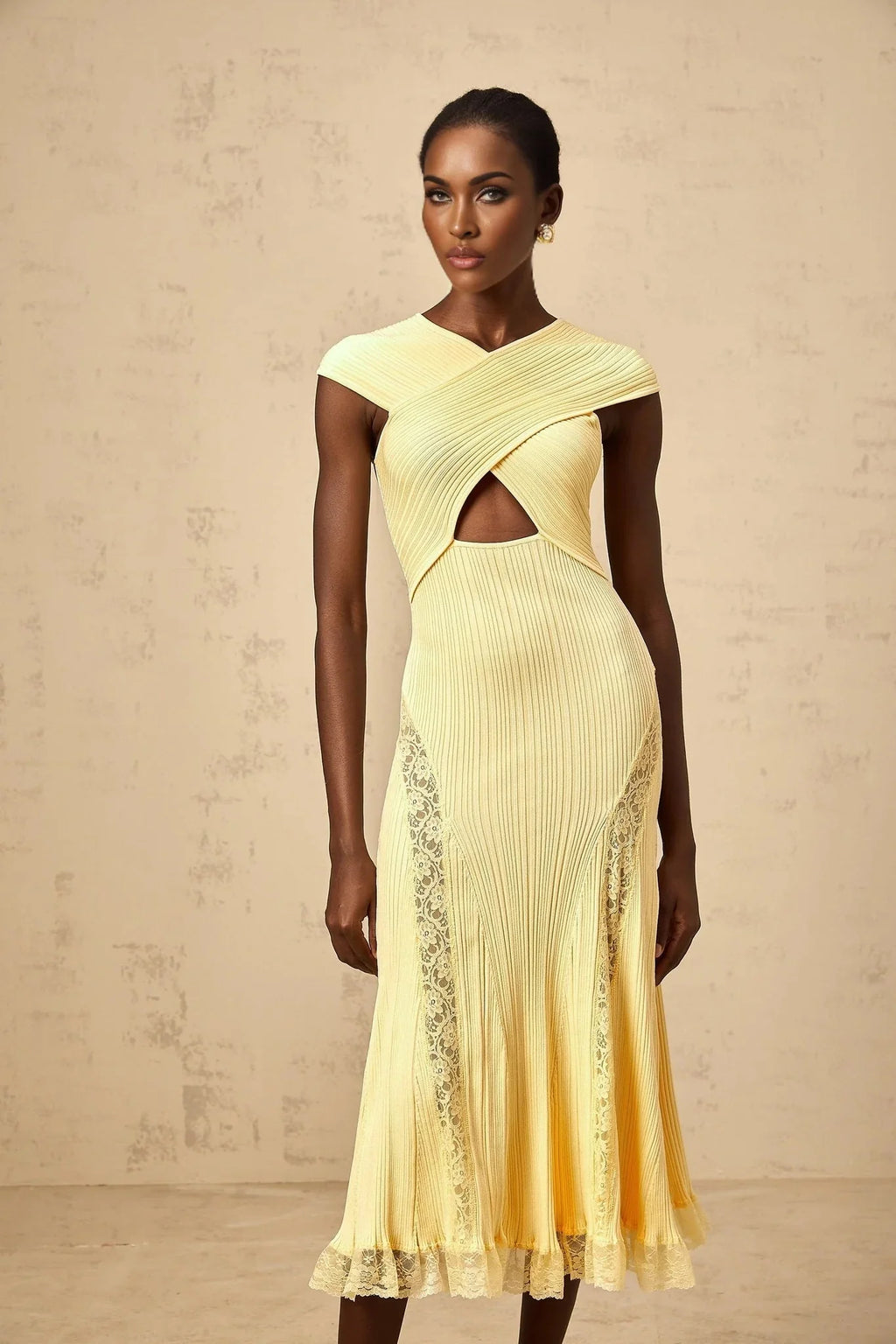Mariah Midi Dress Yellow Lace Panel & Rib - Knit