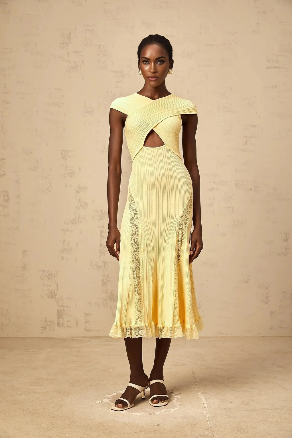 Mariah Midi Dress Yellow Lace Panel & Rib - Knit