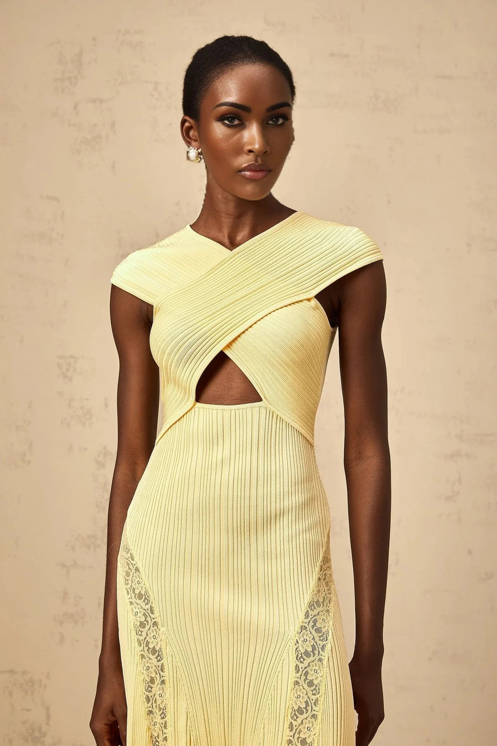 Mariah Midi Dress Yellow Lace Panel & Rib - Knit